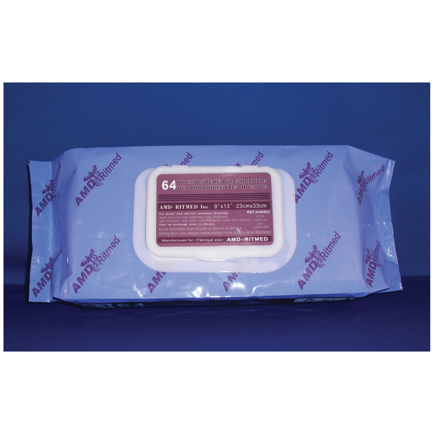 AMD MEDICOM SPUNLACE WASHCLOTHS - PRE-MOISTENED Washcloth, 10" x 13", Pre-Moistened, 64 wipes per soft pack, 8 pk/cs (100 cs/plt) (Minimum Expiry Lead is 90 days) (Item is Non-Returnable) AMD-Medicom A40002