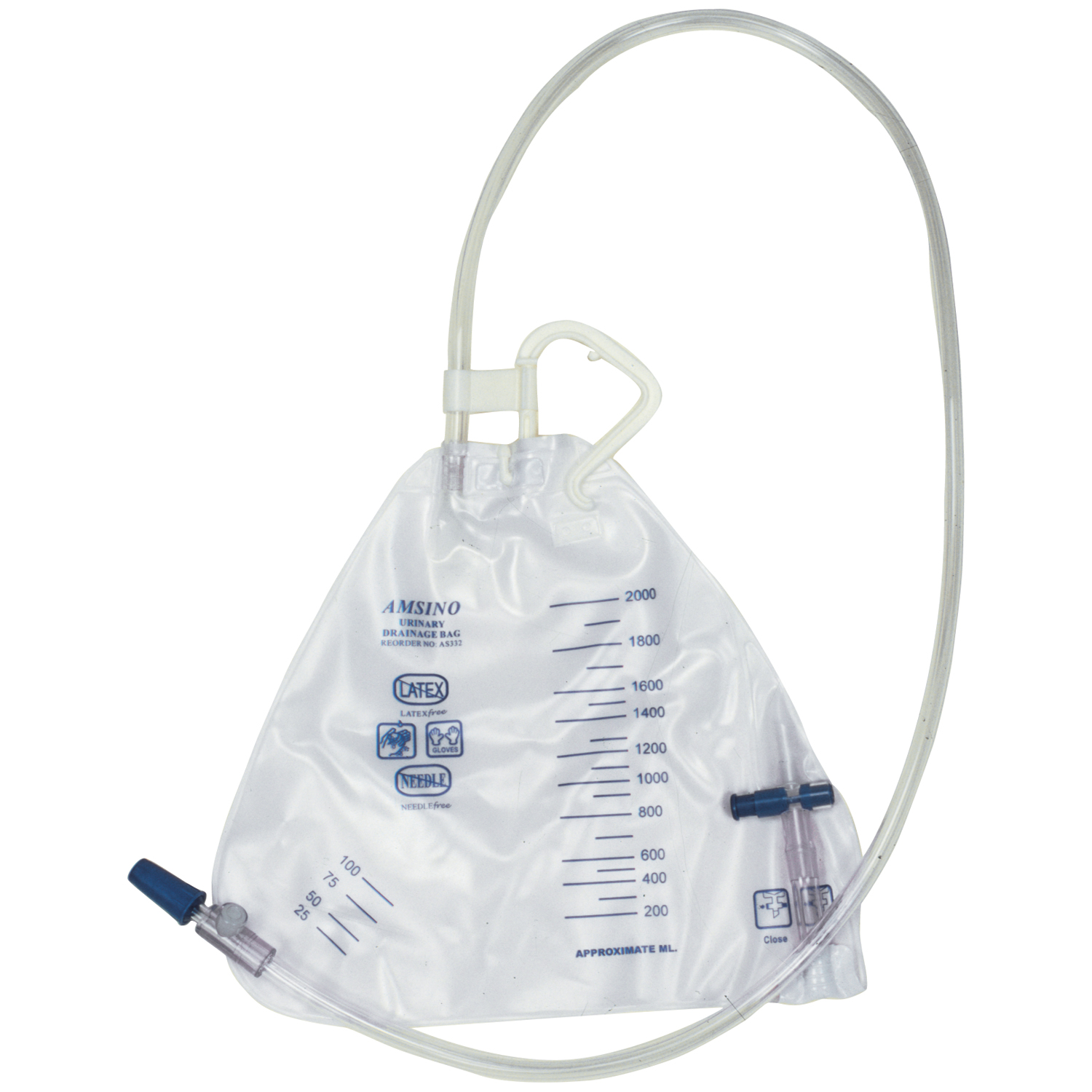 AMSINO AMSURE® URINARY DRAINAGE BAGS Drainage Bag, Pear Shape, 2000mL, Bottom Draining, Universal Hanger, Anti-Reflux Flutter Valve, Air-Vent, Needleless Sampling Port, Sterile Fluid Pathway, 20/cs Amsino International, Inc. AS332