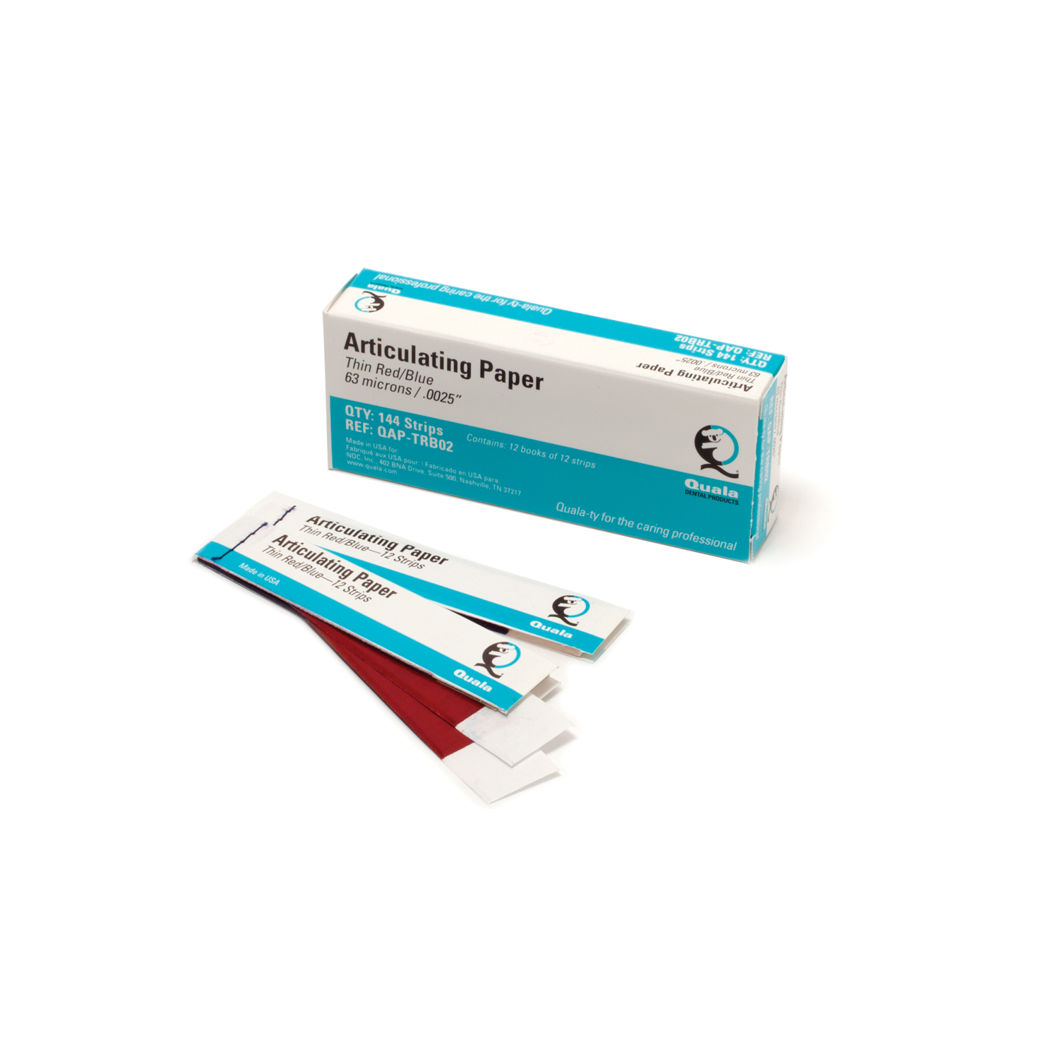 QUALA PREMIUM ARTICULATING PAPER Thin Red/Blue .0025 (63 microns), 12 strips/book, 12 bk/bx (To Be DISCONTINUED) Quala QAP-TRB02