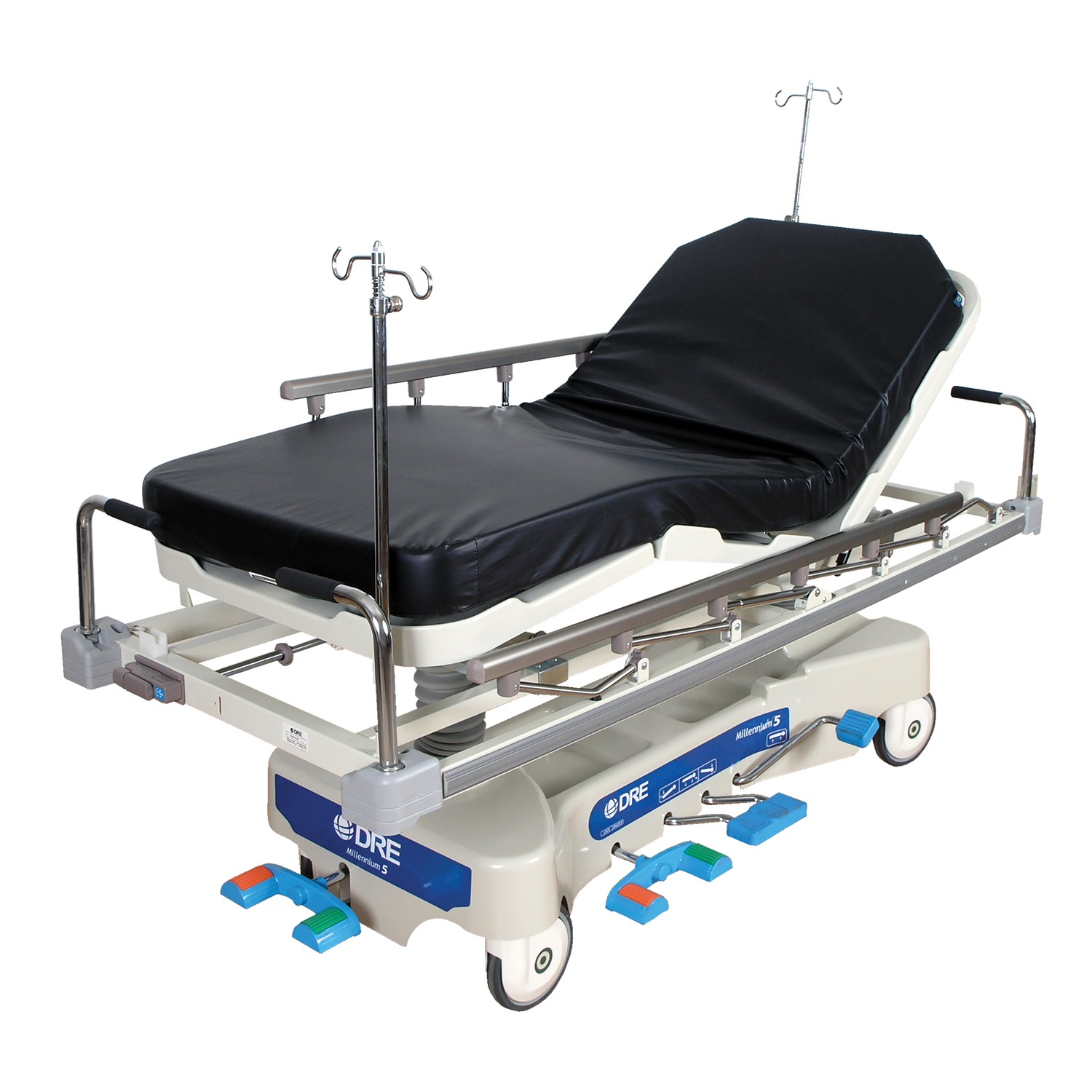 AVANTE DRE MILLENNIUM 5 STRETCHER Millennium 5 Hospital Stretcher, Includes: 4" x 28.5" x 71.5" Pad, 8" Casters, 27" Wide Patient Surface, (2) IV Receptacles, Fold-Down Side Rails, Side Rails 14.5" x 39", (4) Brake/Steer Pedals, Dual Pedestal Hydraulics, Dual Side-Mounted Foot Control Hydraulics. NEW with 1 year warranty (DROP SHIP ONLY) (Freight Terms are Prepaid & Add to Invoice-Contact Vendor for Specifics) Avante Health Solutions 7JE200