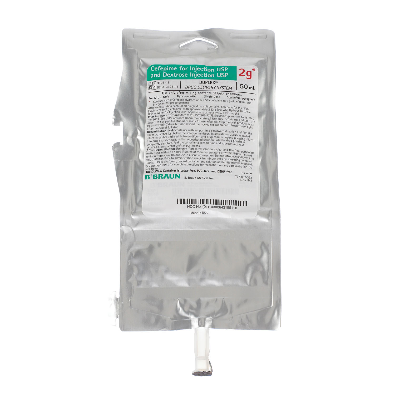 B BRAUN DUPLEX® DRUG DELIVERY SYSTEM 2g Cefepime For Injection USP & Dextrose Injection, 50mL (Rx) (Item is Non-Returnable), 24/c (Continental US+HI Only, Excluding IN and ND) B Braun Medical, Inc. 3195-11