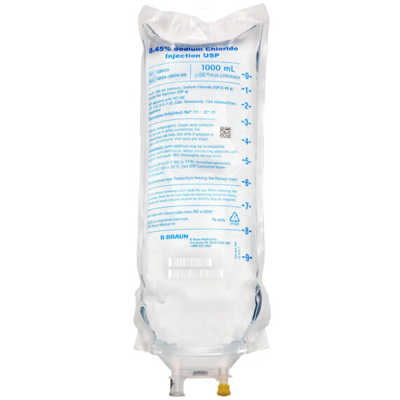 B BRAUN SODIUM CHLORIDE INJECTIONS USP ExcelPlus Sodium Chloride Injections, 0.45%, 1000 ml (Rx) (Item is Non-Returnable), 24/cs (Continental US+HI Only, Excluding IN and ND)  <Strong>Max weekly quantity allowed: 10</Strong> B Braun Medical, Inc. Q8020