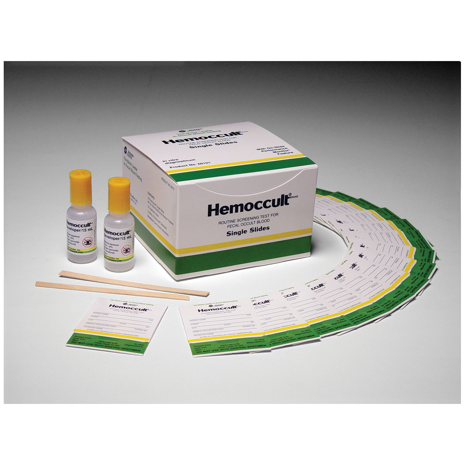 HEMOCUE HEMOCCULT® SINGLE SLIDE (TEST CARDS) Each Box Contains: (100) Hemoccult® Single Slides (Test Cards), (2) 15mL Bottles of Developer, (100) Applicators & Instructions, 10 bx/cs (Minimum Expiry Lead is 90 days) (Item is Non-Returnable) (Continental US Only) (Item is considered HAZMAT and cannot ship via Air or to AK, GU, HI, MP, PR, VI) HemoCue America 60151A