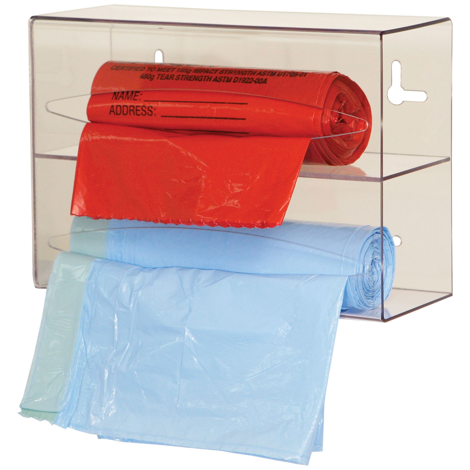 MARKETLAB BOWMAN BAG DISPENSERS Bag Dispenser, Double, Holds Two Rolls of Bags up to 9" Long, Two-Way Keyholes For Vertical Or Horizontal Wall Mounting, Clear PETG Plastic, 10 1/8"W x 7 1/8"H x 3 15/16"D (Made in USA) MarketLab, Inc. BG002-0111