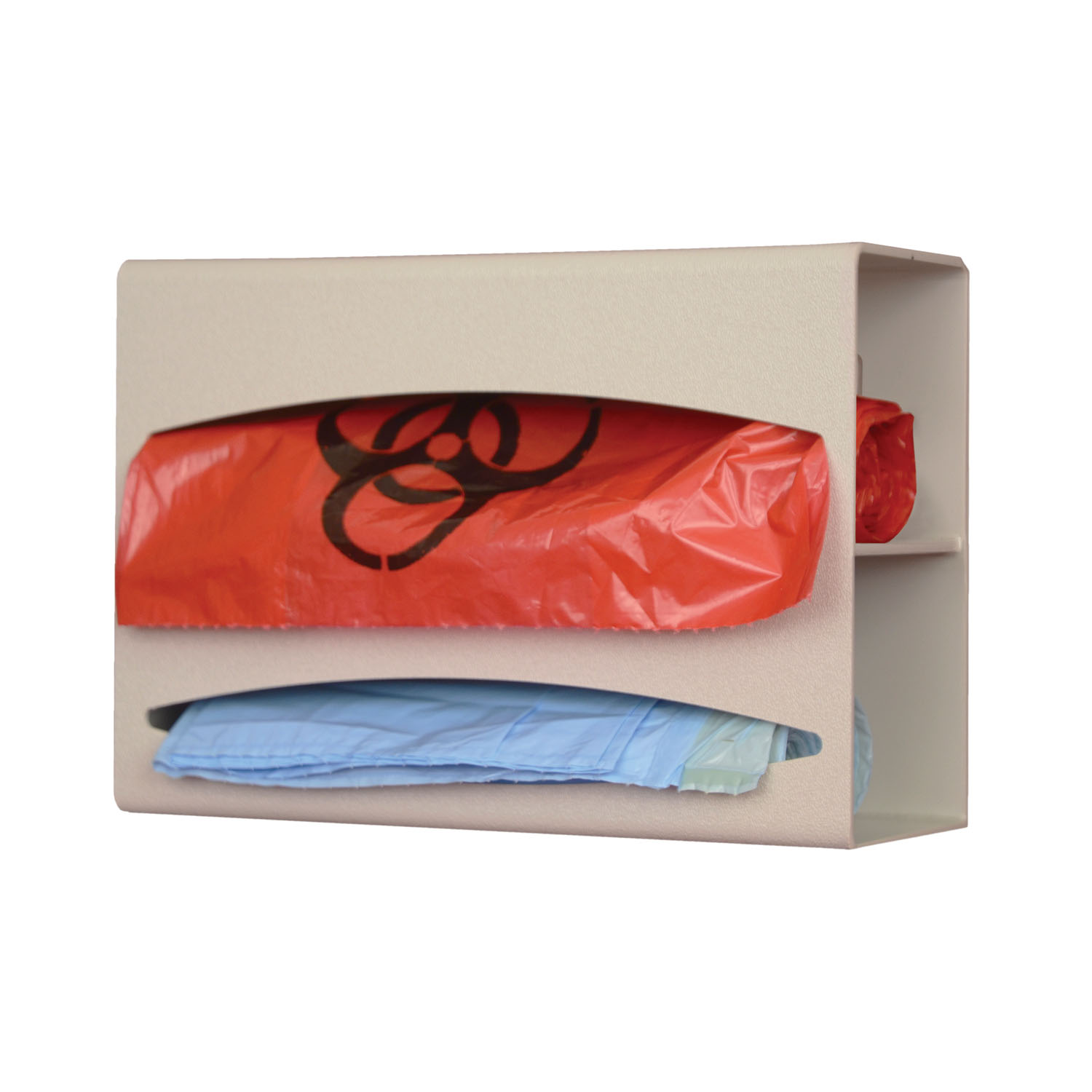 MARKETLAB BOWMAN BAG DISPENSERS Bag Dispenser, Double, Holds Two Rolls of Bags up to 9" Long, Two-Way Keyholes For Vertical Or Horizontal Wall Mounting, Quartz ABS Plastic, 10 1/8"W x 7 1/8"H x 3 15/16"D (Made in USA) MarketLab, Inc. BG002-0212