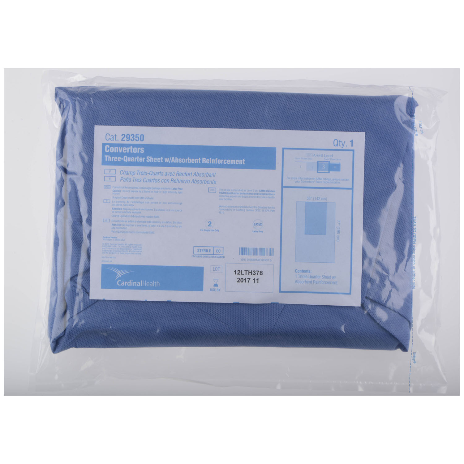 CARDINAL HEALTH CONVERTORS® GENERAL SURGERY DRAPE SHEETS AND COMPONENTS Drape Sheet, Fan-Folded, Three-Quarter, 56 x 77 with 25 x 42 Absorbent Reinforcement, 20/cs (Continental US Only) Cardinal Health 29350
