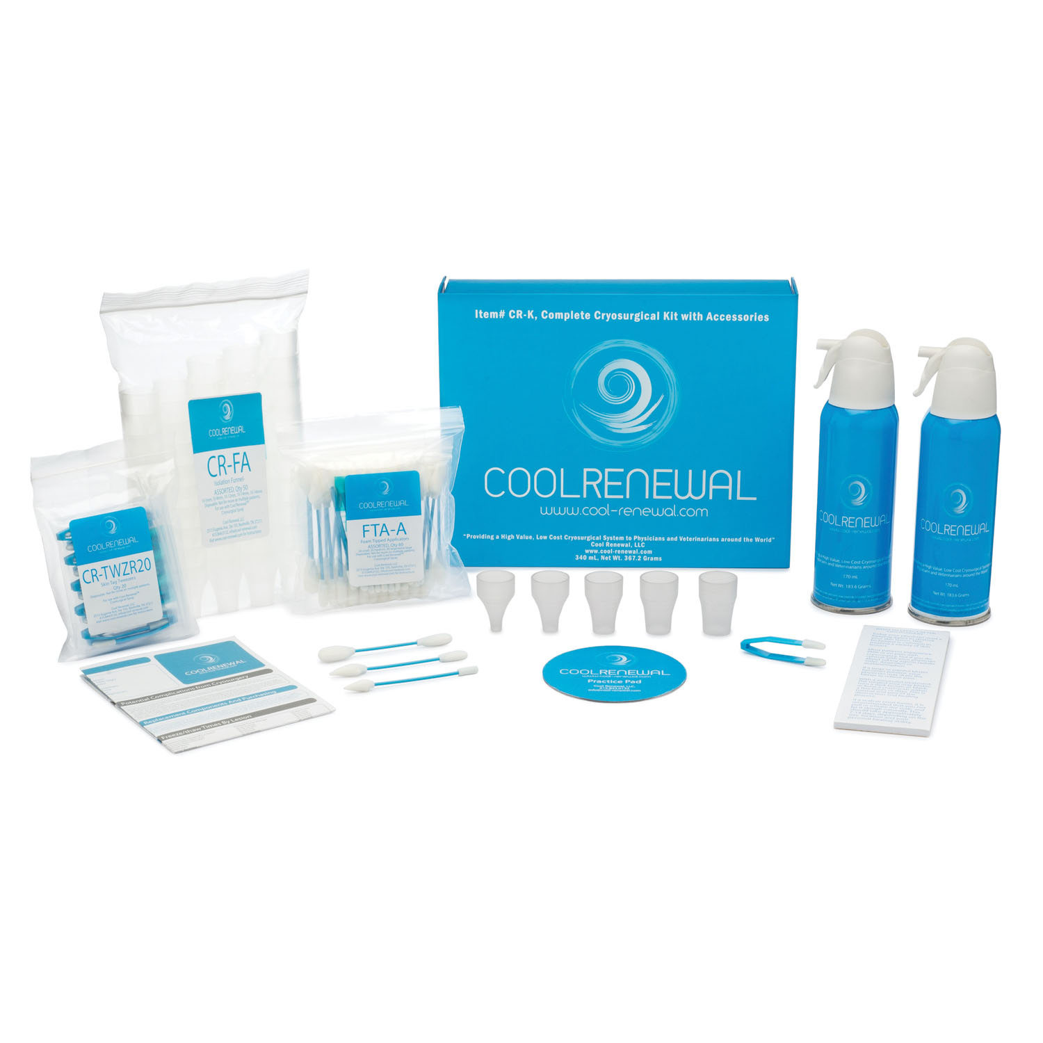 COOL RENEWAL FREEZE KIT 130 Freeze Kit, With Applicators, 2 170mL Canisters of Cryogen, 2 Extender Tubes, 60 Assorted Foam Tipped Applicators (20 Each Size), 50 Isolation Funnels (10 Each Size), 10 Skin Tag Tweezers, Instructions for Use, Patient Instructions Tear Pad, Applicator Practice Pad, Magnetic Box for Storage (Contiguous US Only) (Item is Considered HAZMAT and Cannot Ship via Air or to AK, GU, HI, MP, PR, VI) Cool Renewal, LLC CR-K