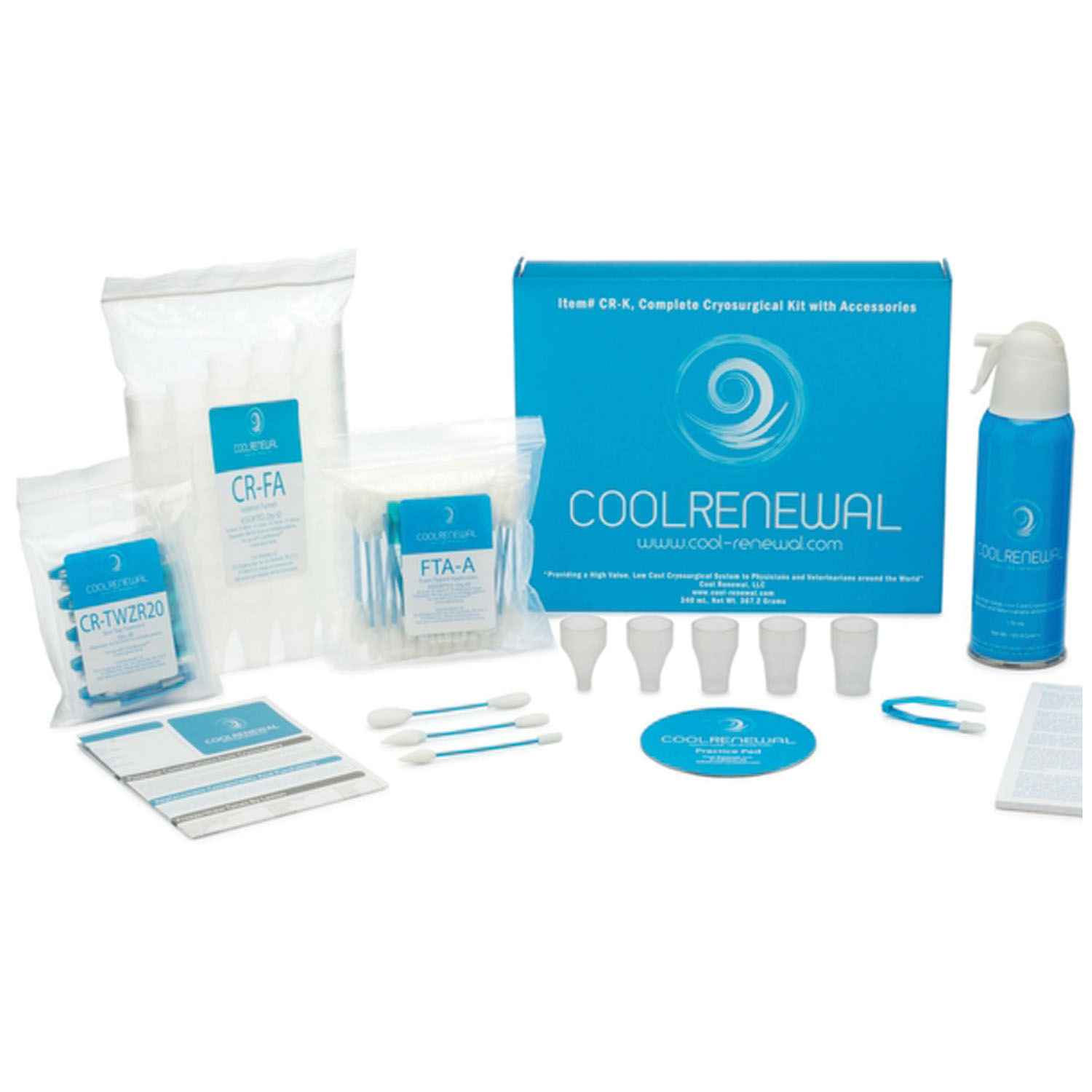 COOL RENEWAL FREEZE KIT 65 Freeze Kit, With Applicators, 1 170mL Canister of Cryogen, 1 Extender Tube, 60 Assorted Foam Tipped Applicators (20 Each Size), 50 Isolation Funnels (5 Each Size), 10 Skin Tag Tweezers, Instructions for Use, Patient Instructions Tear Pad, Applicator Practice Pad (Contiguous US Only) (Item is Considered HAZMAT and Cannot Ship via Air or to AK, GU, HI, MP, PR, VI) Cool Renewal, LLC CR-K1