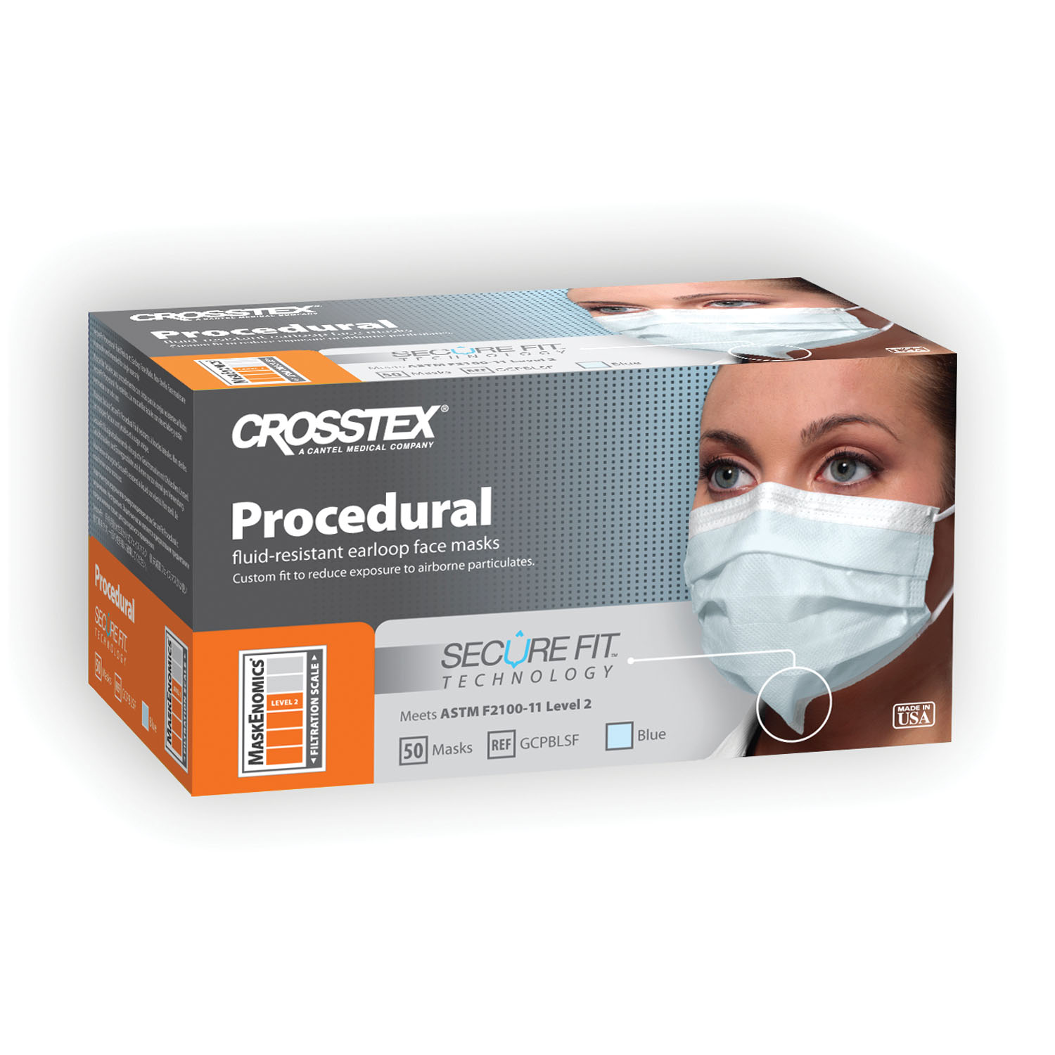 CROSSTEX PROCEDURAL EARLOOP MASK ASTM Level 2 Mask, Blue, Latex Free (LF), 50/bx, 10 bx/ctn (18 ctn/plt) Crosstex International GCPBL
