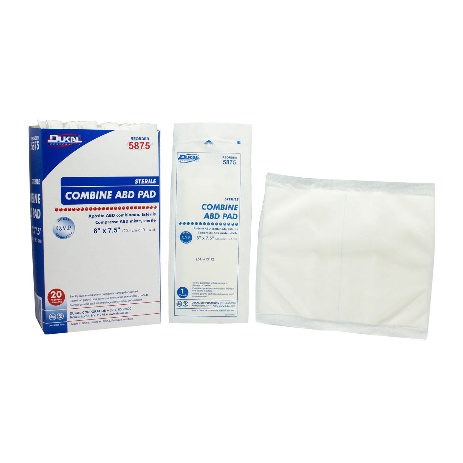 DUKAL ABD PADS ABD Pad, 8" x 7½", Sterile, 1/pk, 20 pk/tray, 12 tray/cs Dukal Corporation 5875