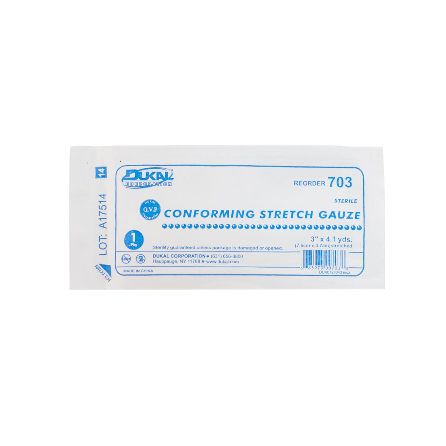 DUKAL CONFORMING STRETCH GAUZE Stretch Gauze, 3" x 4.1 yd, Sterile, 1/pk, 12 pk/bx, 8 bx/cs Dukal Corporation 703