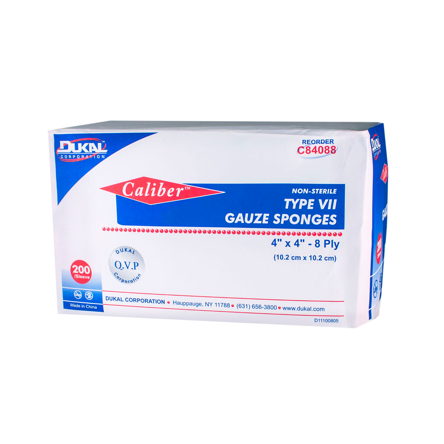 DUKAL CALIBER™ GAUZE SPONGES Gauze Sponge, Type VII, Non-Sterile, 4" x 4", 8-Ply, 200/bg, 20 bg/cs (36 cs/plt) Dukal Corporation C84088