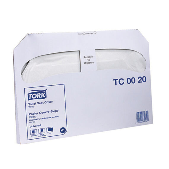 ESSITY TORK SEAT COVER & DISPENSERS Toilet Seat Cover, 1/2 Fold, Universal, White, 1-Ply, V1, 14.5" x 9.5", 250/pk, 20 pk/cs (40 cs/plt) Essity Professional Hygiene North America, LLC TC0020