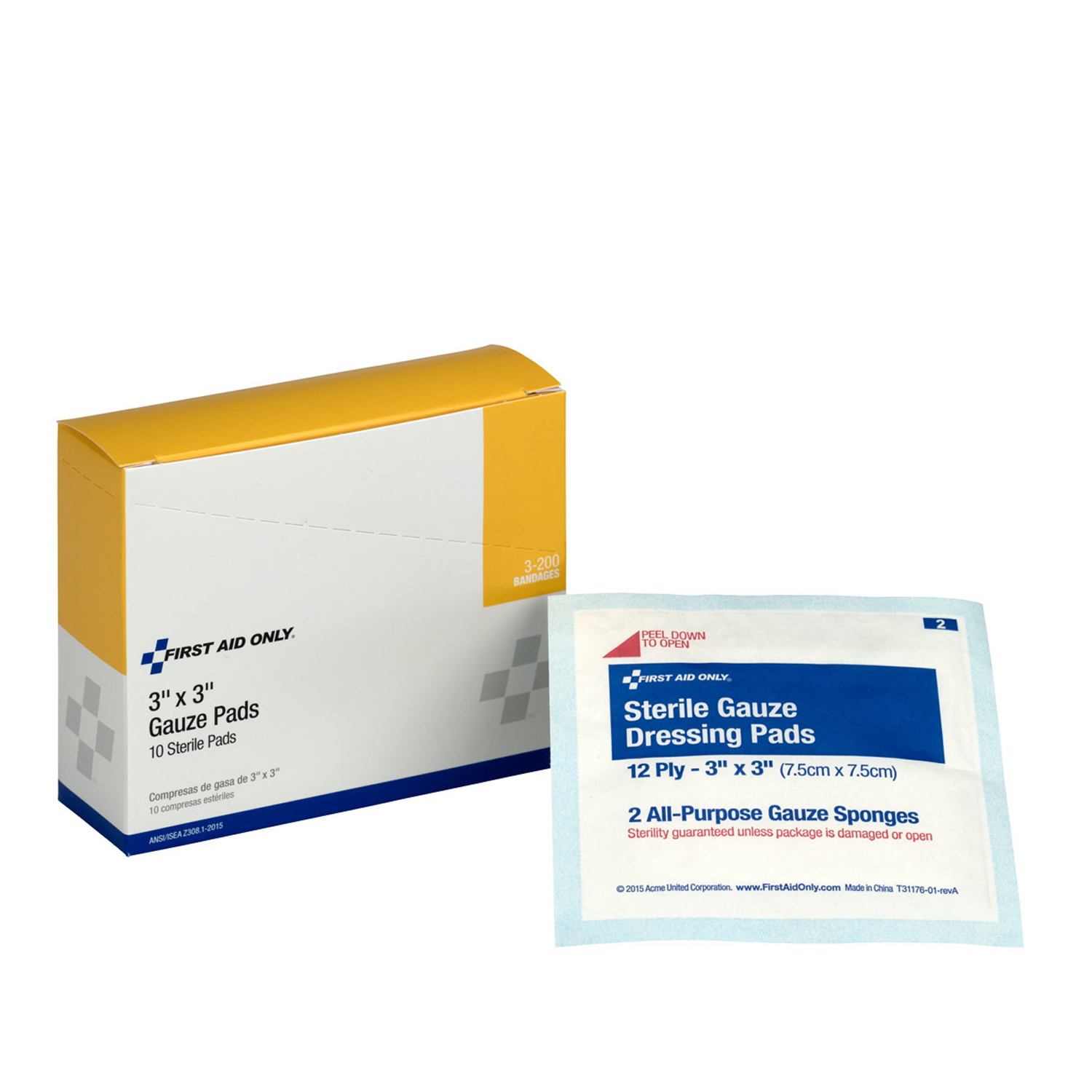 FIRST AID ONLY/ACME UNITED WOUND CARE Sterile Gauze Pads, 3"x3", 10/bx  (DROP SHIP ONLY - $150 Minimum Order) First Aid Only/Acme United Corporation 3-200