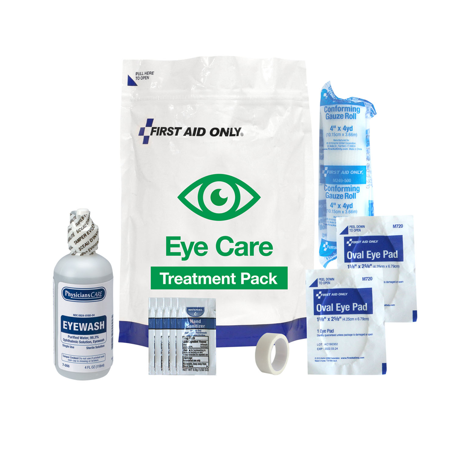 FIRST AID ONLY/ACME UNITED EMERGENCY RESPONSE KITS & PACKS Eye Care Treatment Pack, Includes: (1) Eye Wash (4oz), (2) Sterile Eye Pads, (1) Conforming Gauze Roll (4"), (1) First Aid Tape (1/2"x5yds) and (5) Hand Sanitizer Packets (DROP SHIP ONLY) First Aid Only/Acme United Corporation 91168