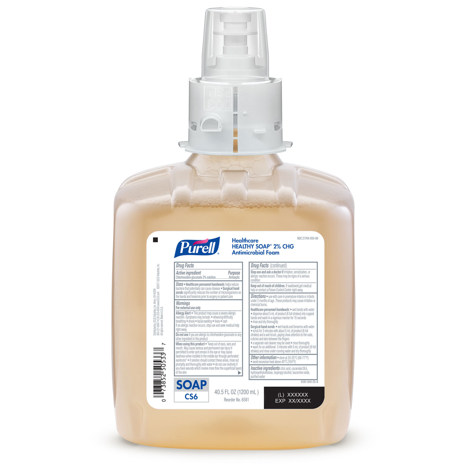 GOJO PURELL® CS6 DISPENSERS & REFILLS Healthcare Healthy Soap® 2.0% CHG Antimicrobial Foam, 1200 ml, Amber, 2/cs GOJO Industries, Inc. 6581-02