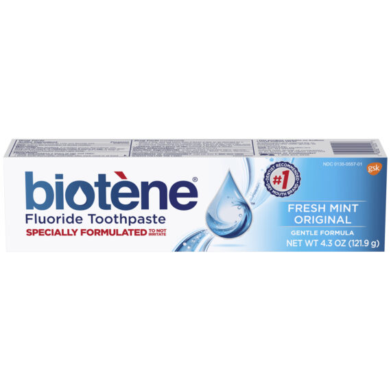 HALEON BIOTÈNE® FLUORIDE TOOTHPASTE Biotène Toothpaste, Fresh Mint Original, Gentle Formula, 4.3 oz. tube, 6/pkg, 2 pkg/cs (12 tubes total)  (Available for sale in US only) GSK# 10050A (Products cannot be sold on Amazon.com or any other third Party sites.) Haleon US Services Inc. 10050A