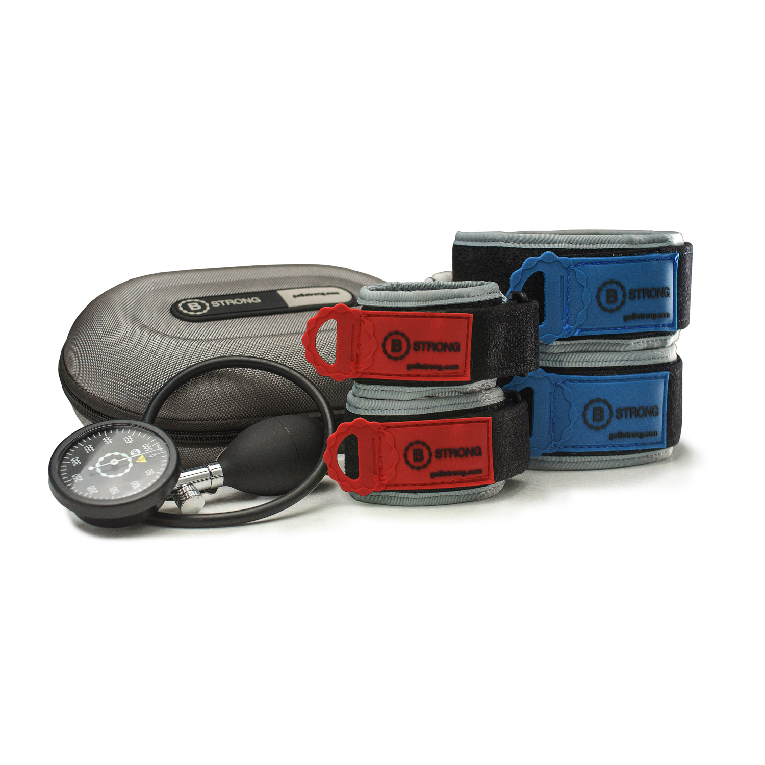 HAWKGRIPS B-STRONG BLOOD FLOW RESTRICTION (BFR) Individual Package Includes: 4 BFR Bands Total (1) Pair Each of Sizes 2 & 3, (1) Hand Pump, (1) Carrying Bag, (1) License to BStrong's Guidance App (Products cannot be sold on Amazon.com, Walmart.com, eBay or any other 3rd party platform) HawkGrips PKG-00100-04