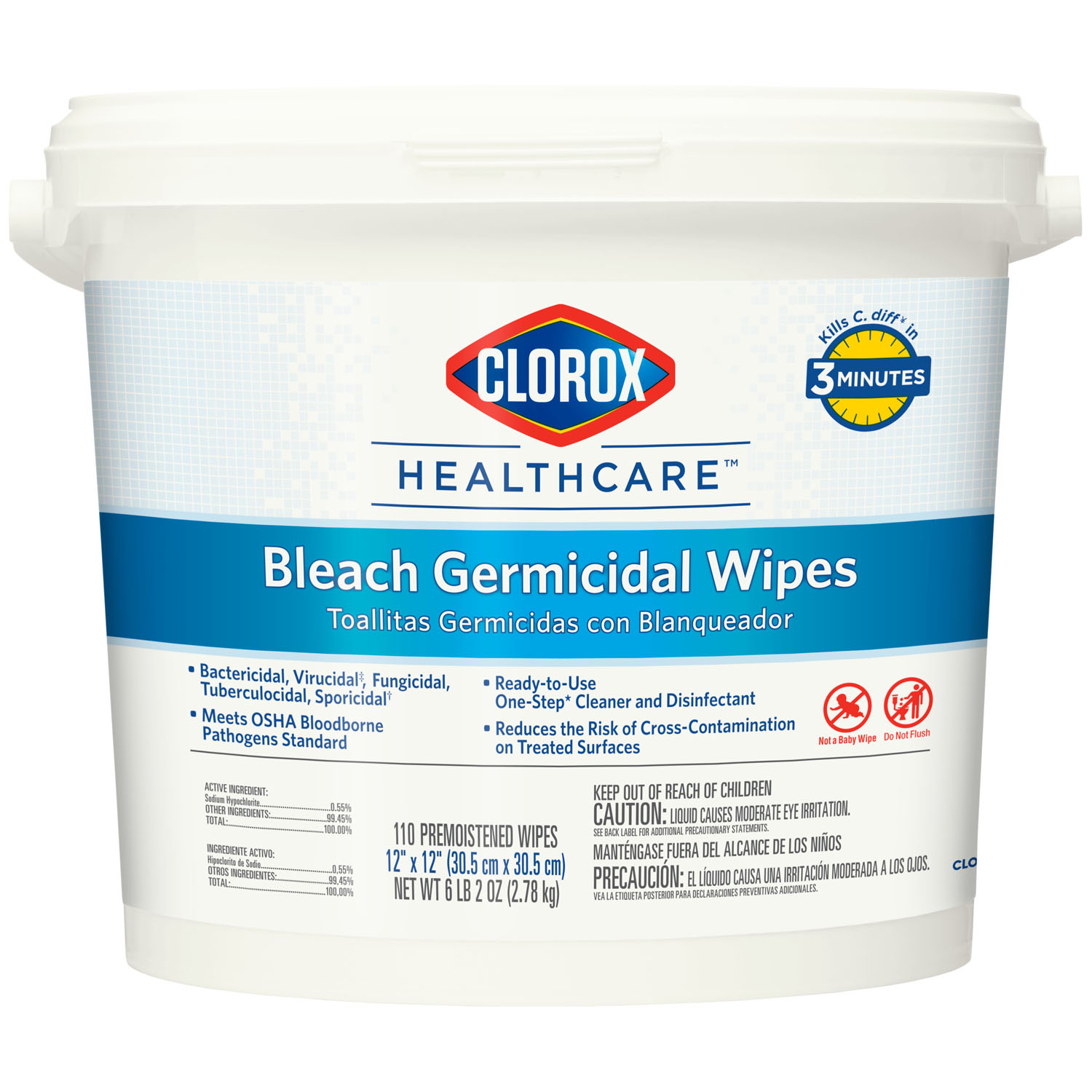 CLOROX HEALTHCARE® BLEACH GERMICIDAL CLEANERS Wipes, Bleach Germicidal, 12 x 12, Starter Kit, 110/bucket, 2/cs (Continental US Only) Clorox Sales Company 30358