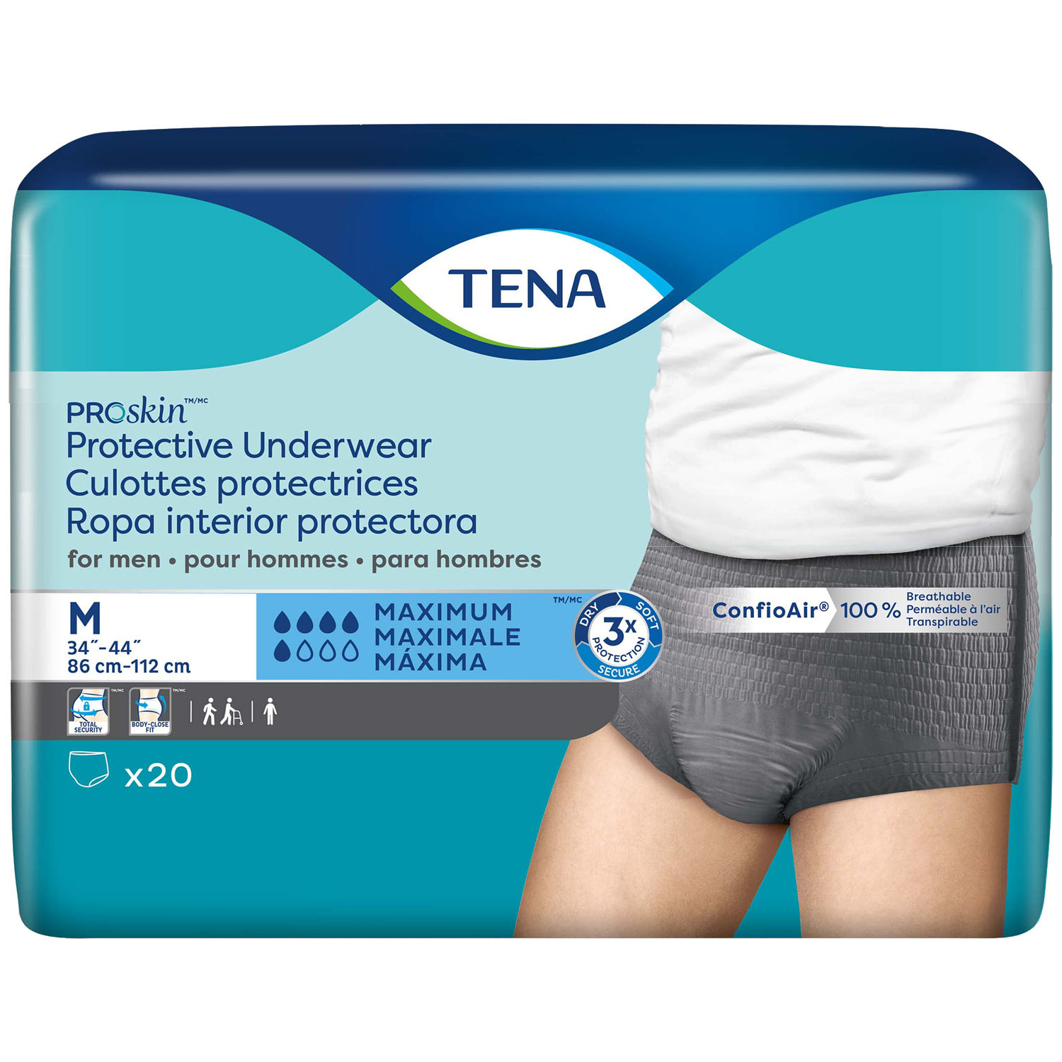 ESSITY HMS TENA® PROSKIN™ UNDERWEAR Protective Underwear, Men, Medium, 34" - 44" Hip Size, Grey, 20/pk, 4 pk/cs (Continental US Only) Essity Health & Medical Solutions 73520