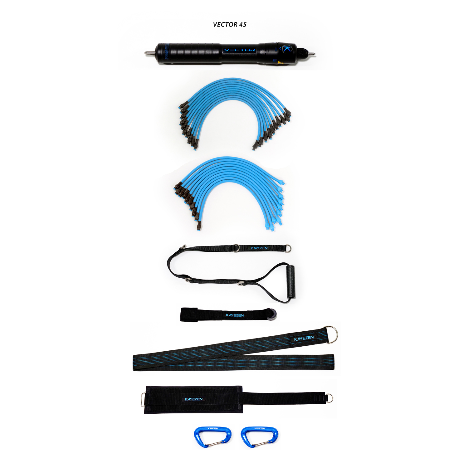 VECTOR 45 RESISTANCE SYSTEM SOLO KIT VECTOR 45 Resistance System Solo Kit: 1 VECTOR 45 Unit, w/ 10 Lt + 10 Hvy Tubes, 1 Door Anchor, 1 Long Handle, 1 Long Torso Strap, 1 Thigh Strap, 2 Carabiners, Free Kayezen VECTOR Exercise APP (Cannot be sold through any site ie Amazon, Jet, e-bay, woot, Staples or any e-comm retailer other than sub-Distributor's own site. Approved for sale in: PT, OT, AT, Chiro.) Kayezen LLC RQX-V45RSSK