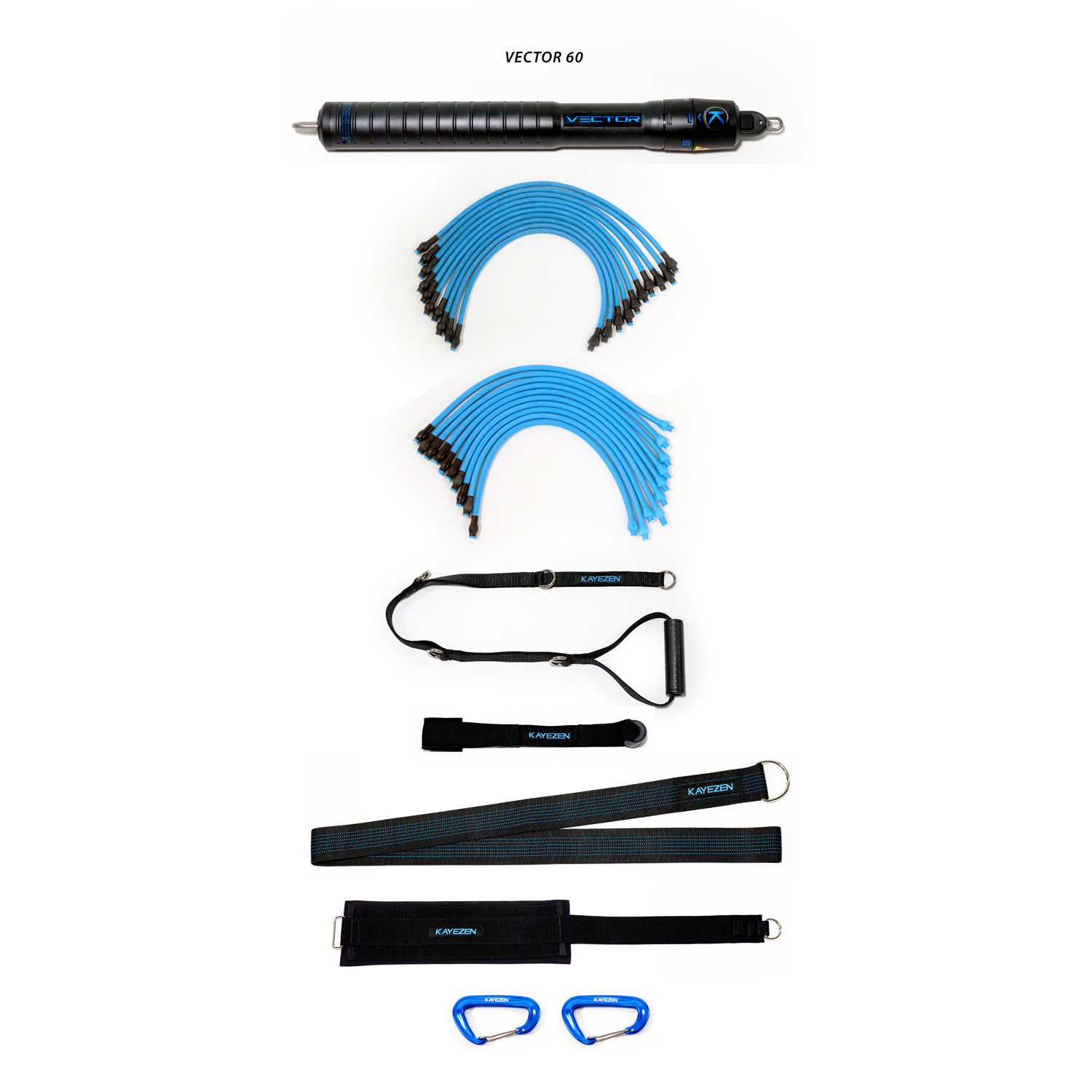 VECTOR 60 RESISTANCE SYSTEM SOLO KIT VECTOR 60 Resistance System Solo Kit: 1 VECTOR 60 Unit, (Wider Exercise Range) w/ 10 Lt + 10 Hvy Tubes, 1 Door Anchor, 1 Long Handle, 1 Long Torso Strap, 1 Thigh Strap, 2 Carabiners, Free Exercise APP (Cannot be sold through any site ie Amazon, Jet, e-bay, woot, Staples or any e-comm retailer other than sub-Distributor's own site. Approved for sale in: PT, OT, AT, Chiro.) Kayezen LLC RQX-V60RSSK
