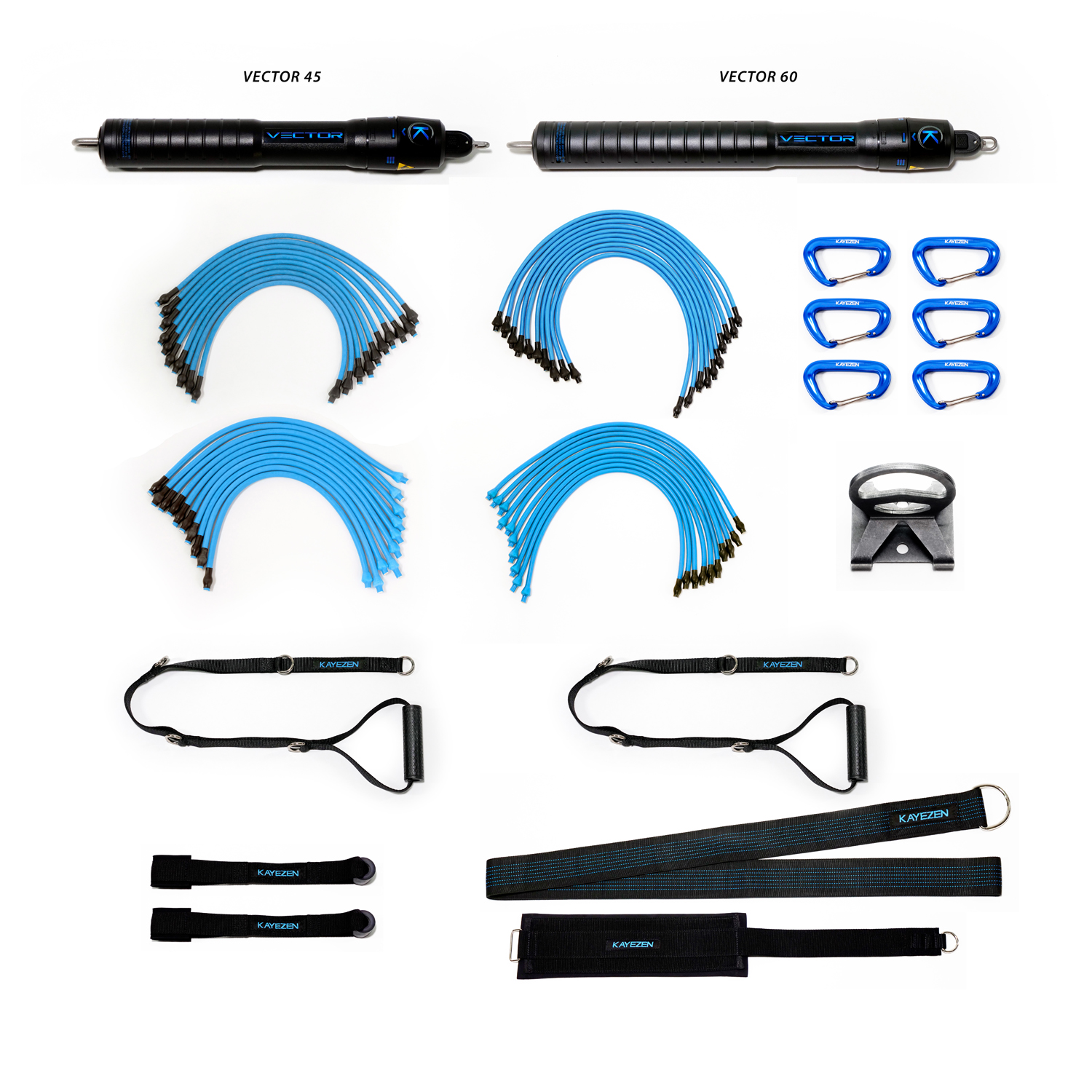 VECTOR RESISTANCE SYSTEM CLINIC KIT VECTOR Resistance System Clinic Kit: VECTOR 45 Unit, w/ 10 Lt + 10 Hvy Tubes, VECTOR 60 Unit (Wider Range) w/Tubes, 2 Door Anchors, 2 Long Handles, 1 Torso Strap, 1 Thigh Strap, 6 Carabiners, 1 Wall Anchor, Free APP (Cannot be sold through any site ie Amazon, Jet, e-bay, woot, Staples or any e-comm retailer other than sub-Distributor's own site. Approved for sale in: PT, OT, AT, Chiro.) Kayezen LLC RQX-VRSCK