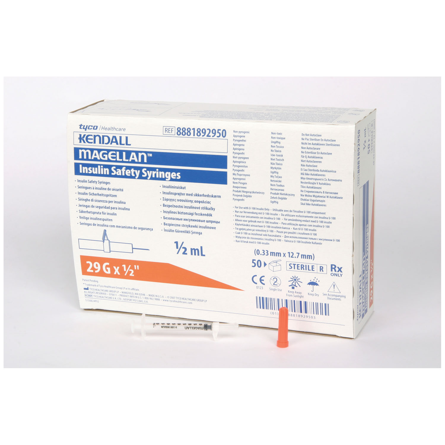 CARDINAL HEALTH MAGELLAN™ INSULIN & TB SAFETY SYRINGE Insulin Safety Syringe, ½mL, 29G x ½", 50/bx, 10 bx/cs (Continental US Only) Cardinal Health 8881892950