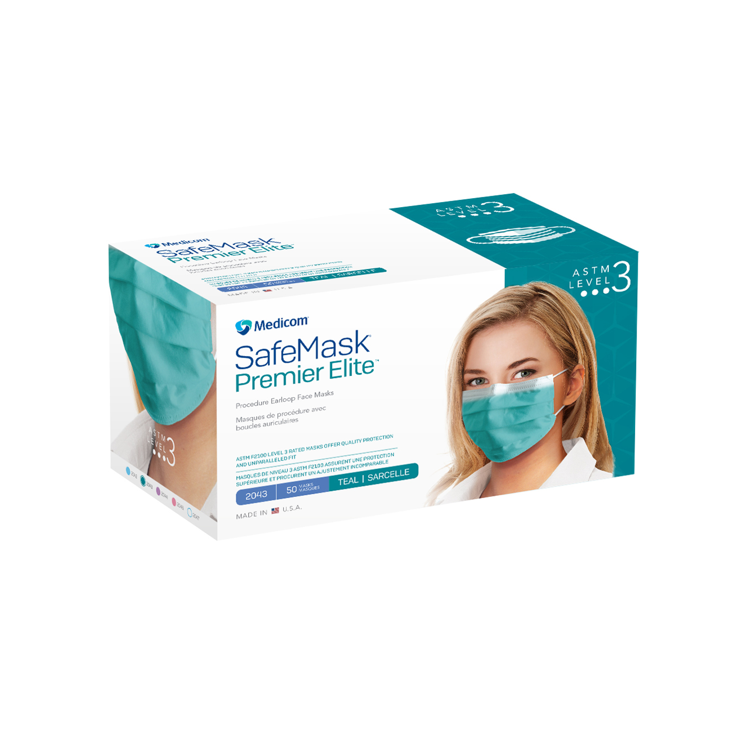 MEDICOM SAFE+MASK® PREMIER ELITE EARLOOP MASK Earloop Mask, ASTM Level 3, Teal, 50/bx, 10 bx/cs (Not Available for sale into Canada) AMD-Medicom 2043