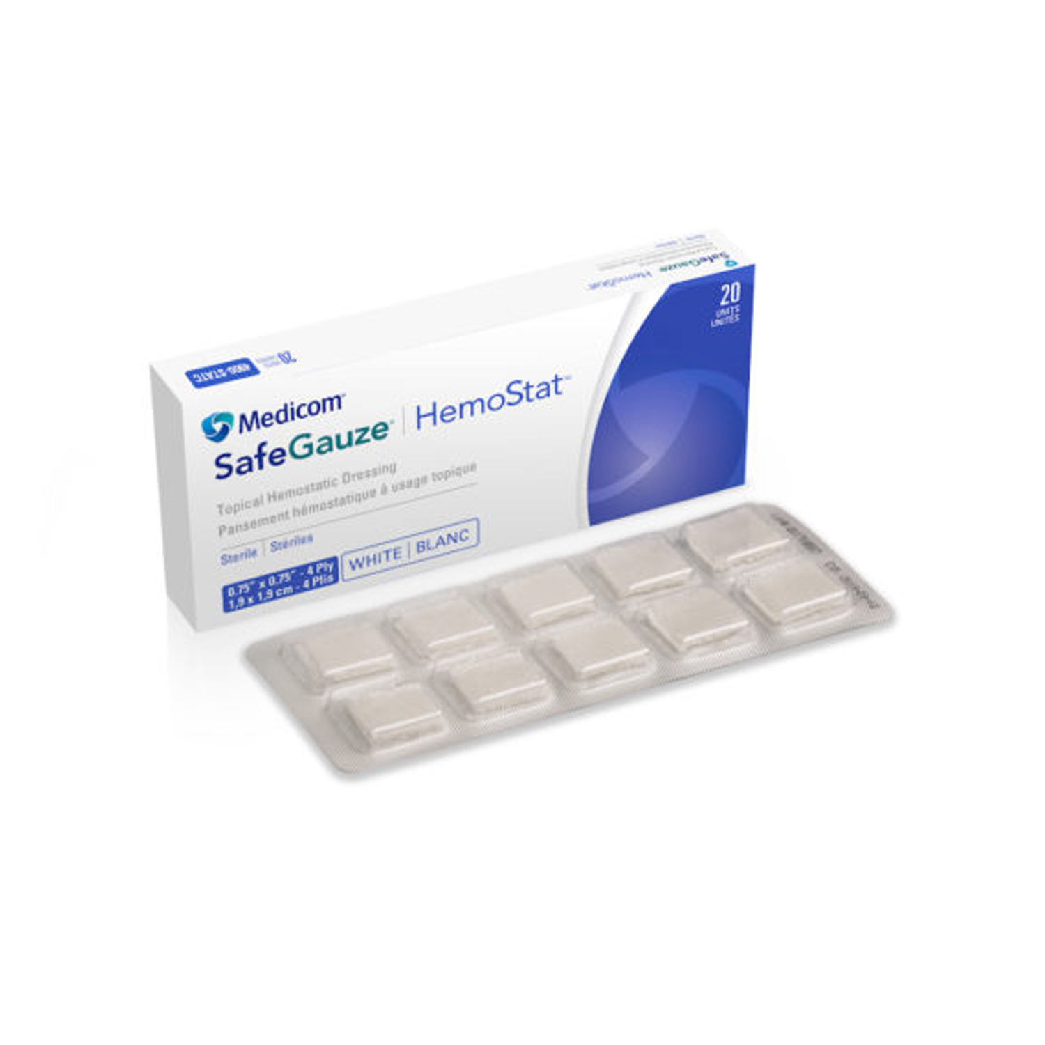 MEDICOM SAFEGAUZE® HEMOSTAT™ TOPICAL HEMOSTATIC DRESSING HemoStat Topical Hemostatic Dressing, Sterile, 4 ply, 1 Dressing/Blister, 10 Blisters/Blister Pack, 2 Blister Packs/bx AMD-Medicom 4900-STAT