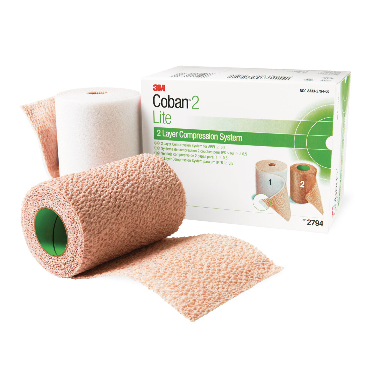 SOLVENTUM COBAN™ COMPRESSION SYSTEM Lite Compression System Includes: Roll 1 Comfort Layer 4" x 2.9 yds, Upstretched, Roll 2 Compression Layer 4" x 5.1 yds, Fully Stretched, Green, 1/bx, 8 bx/cs (Continental US+HI Only) (Item on Manufacturer Backorder - Inventory Limited when Available) Solventum Corporation 2794N
