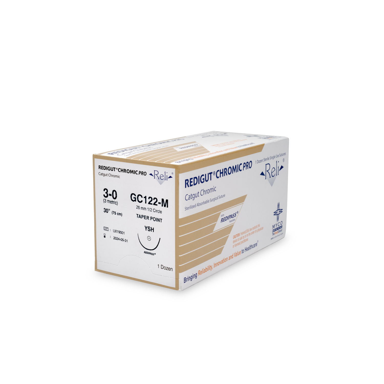 MYCO RELI® PRO SUTURE Suture, 3-0, Redigut, Chromic, Natural, 30", YSH, 12/bx (US Only) Myco Medical GC122-M