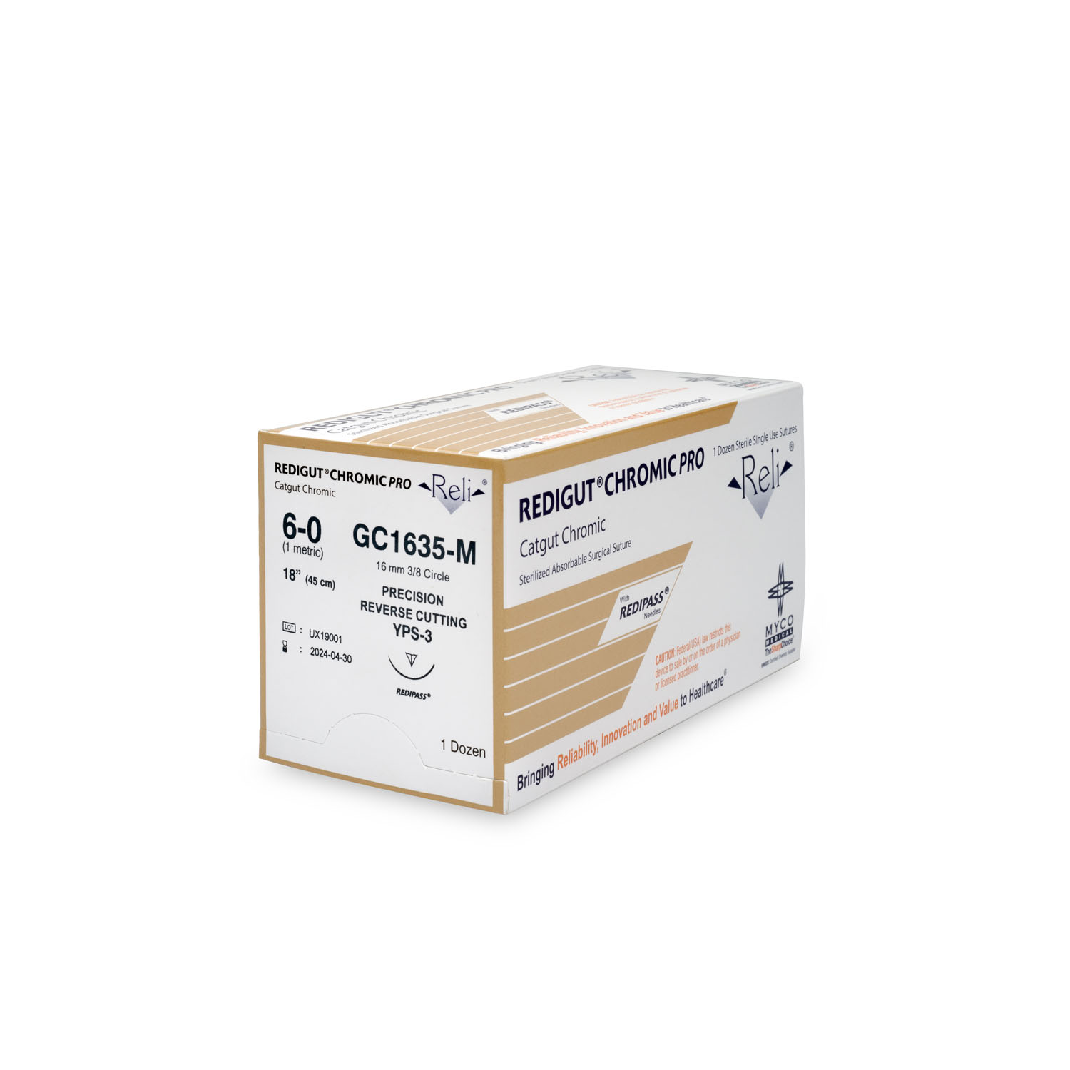 MYCO RELI® PRO SUTURE Suture, 6-0, Redigut, Chromic, Natural, 18", YPS-3, 12/bx (US Only) Myco Medical GC1635-M