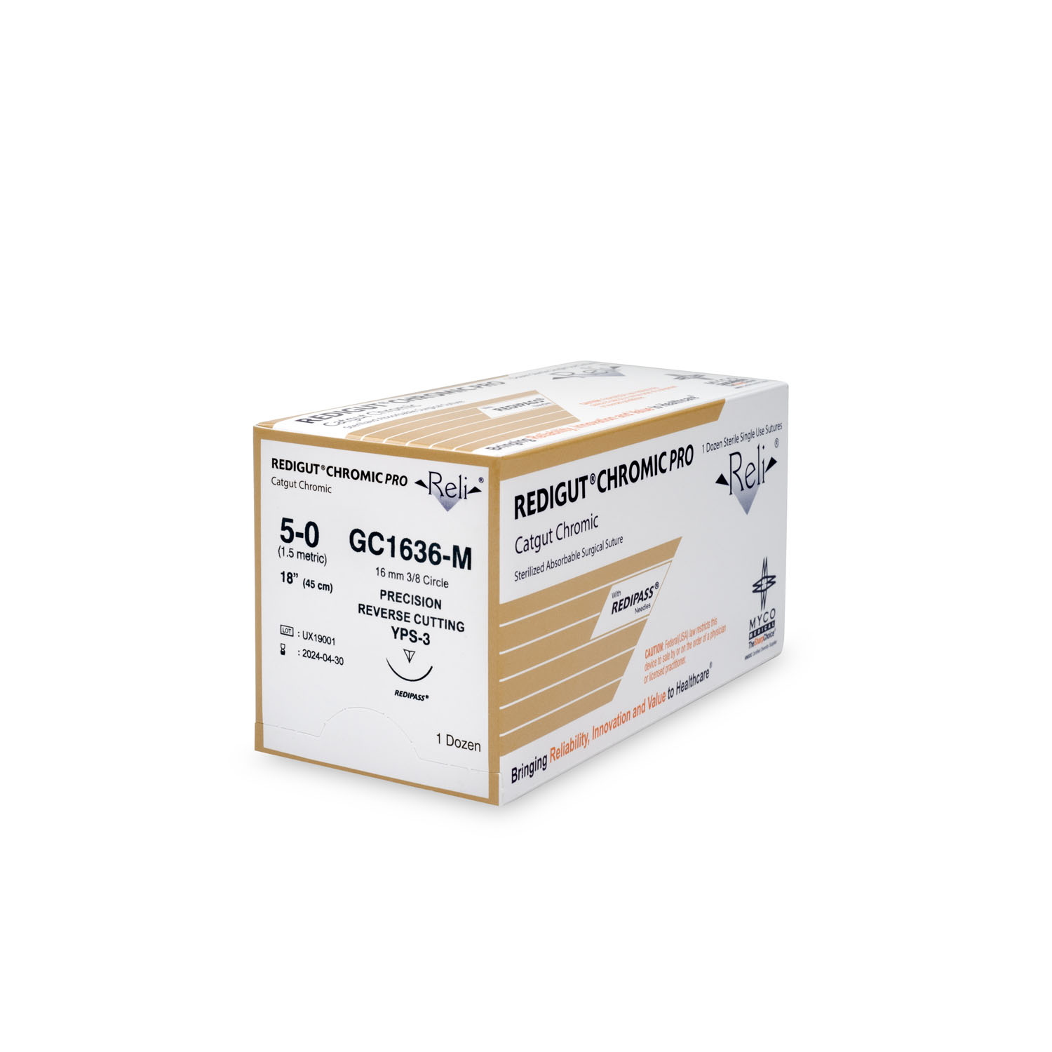 MYCO RELI® PRO SUTURE Suture, 5-0, Redigut, Chromic, Natural, 18", YPS-3, 12/bx (US Only) Myco Medical GC1636-M