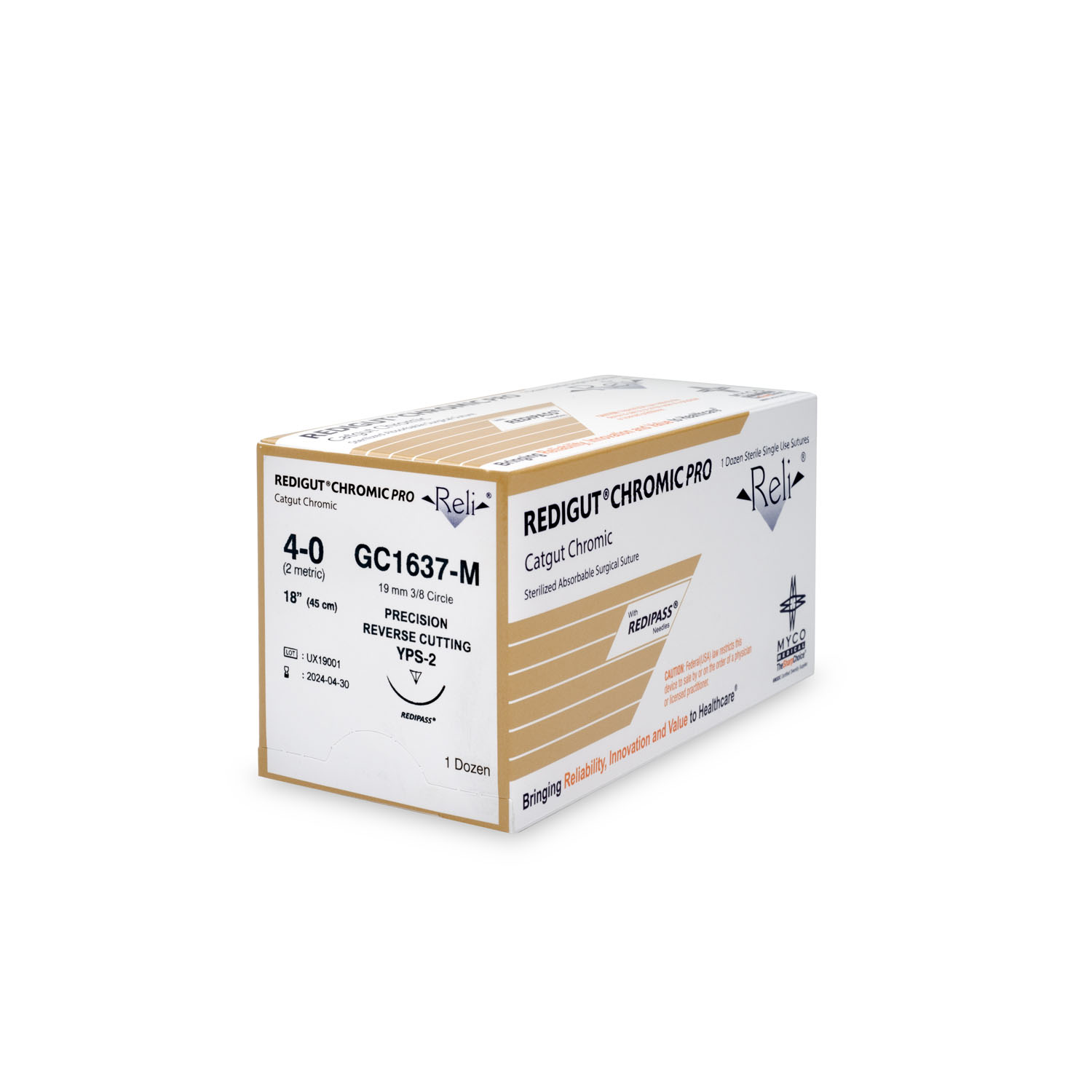 MYCO RELI® PRO SUTURE Suture, 4-0, Redigut, Chromic, Natural, 18", YPS-2, 12/bx (US Only) Myco Medical GC1637-M