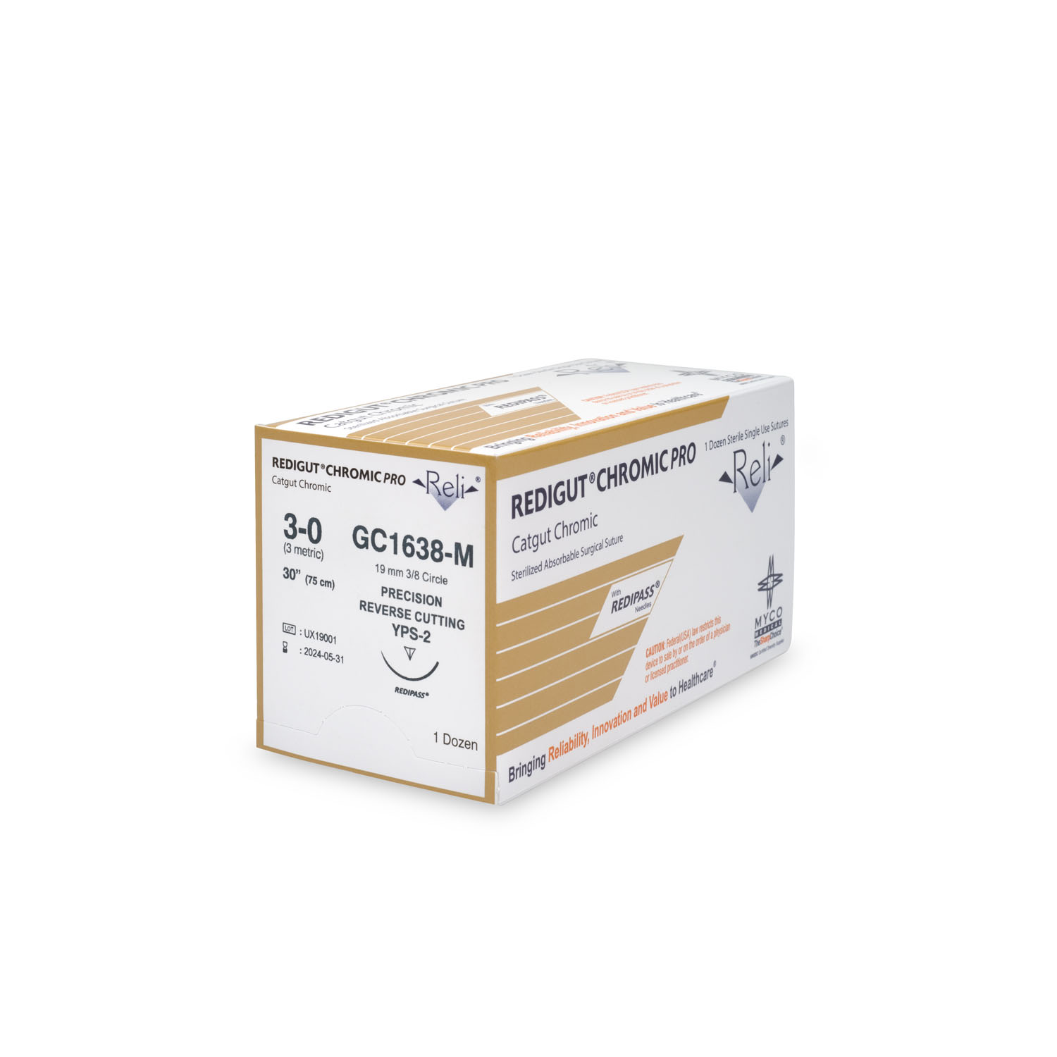 MYCO RELI® PRO SUTURE Suture, 3-0, Redigut, Chromic, Natural, 30", YPS-2, 12/bx (US Only) Myco Medical GC1638-M