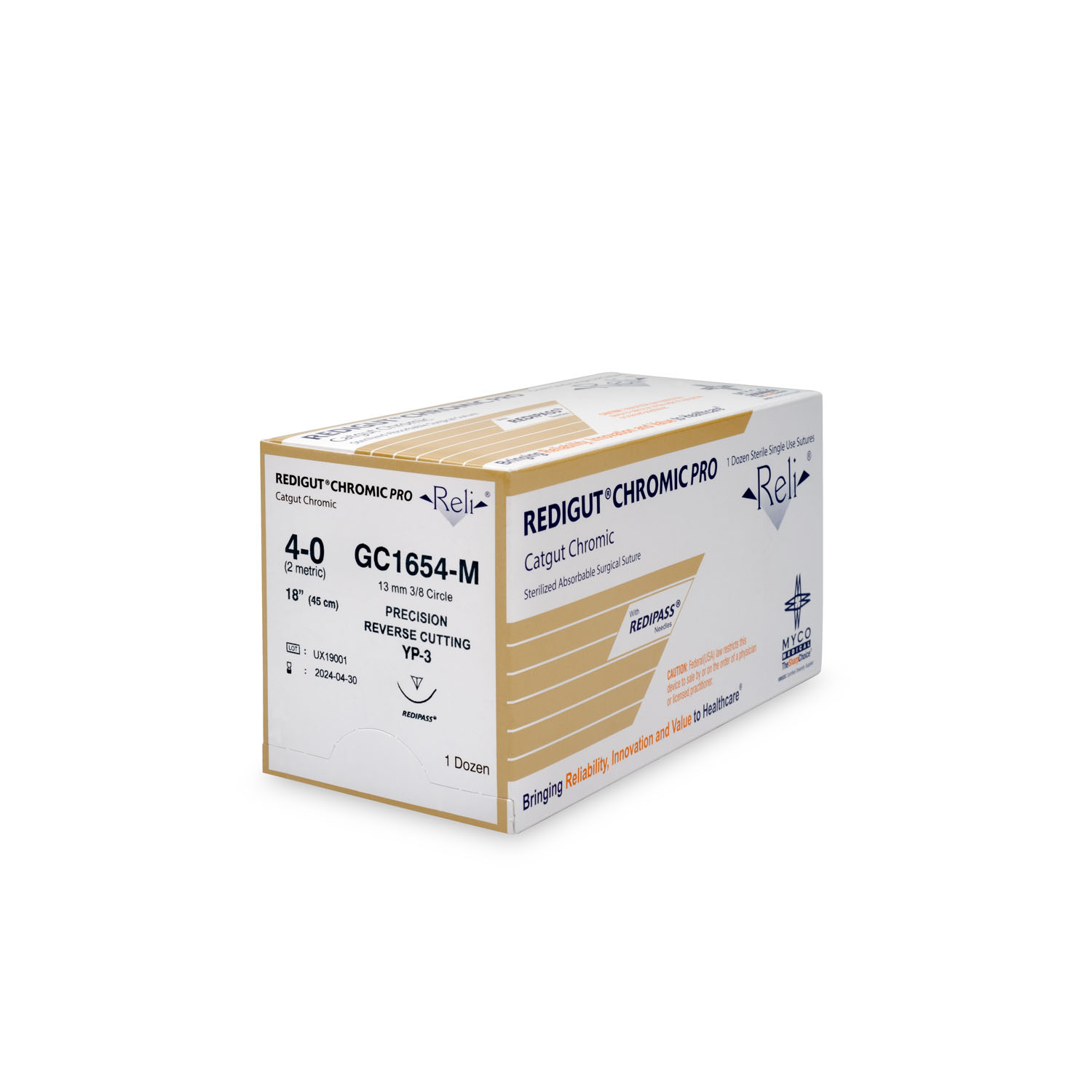 MYCO RELI® PRO SUTURE Suture, 4-0, Redigut, Chromic, Natural, 18", YPS-3, 12/bx (US Only) Myco Medical GC1654-M