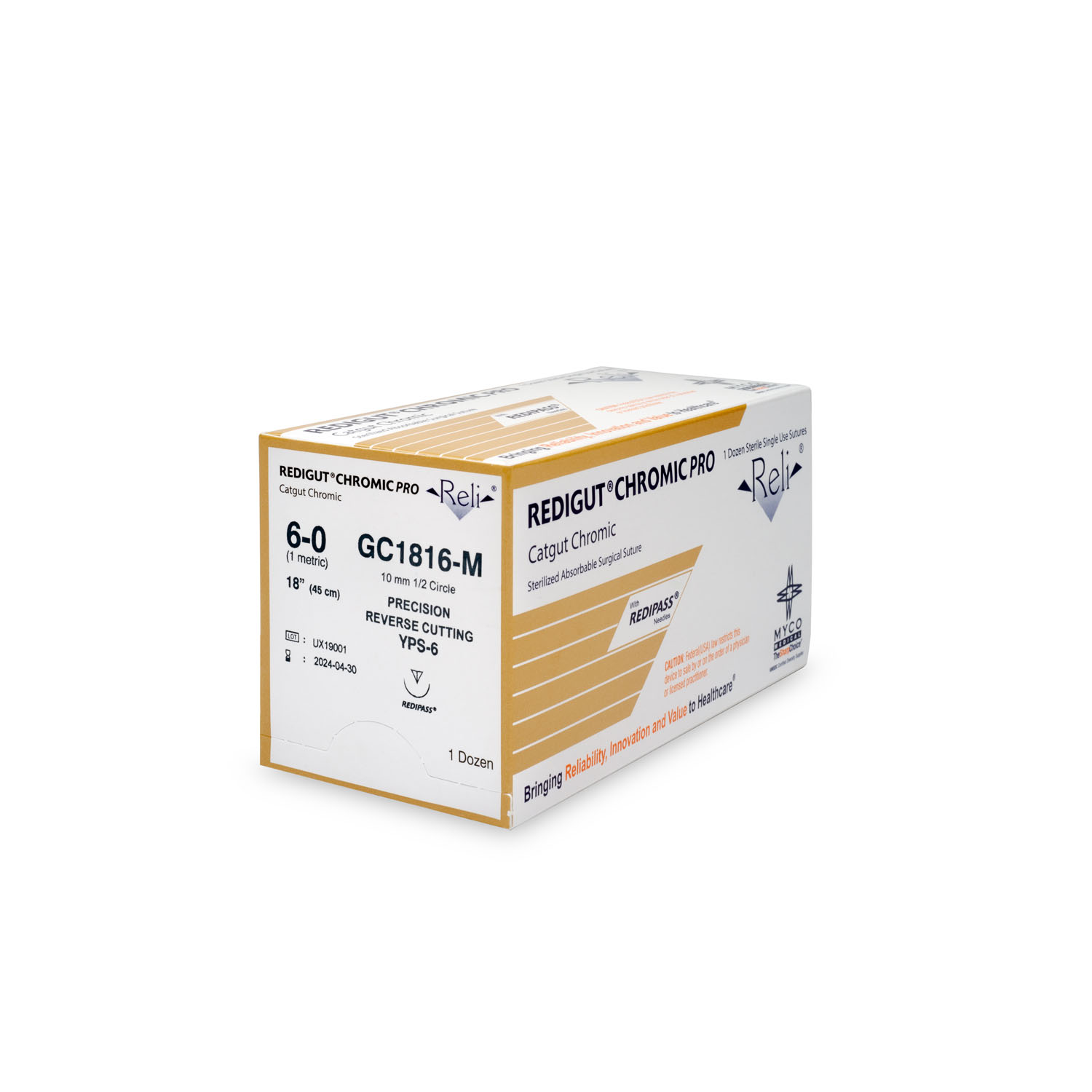 MYCO RELI® PRO SUTURE Suture, 6-0, Redigut, Chromic, Natural, 18", YPS-6, 12/bx (US Only) Myco Medical GC1816-M