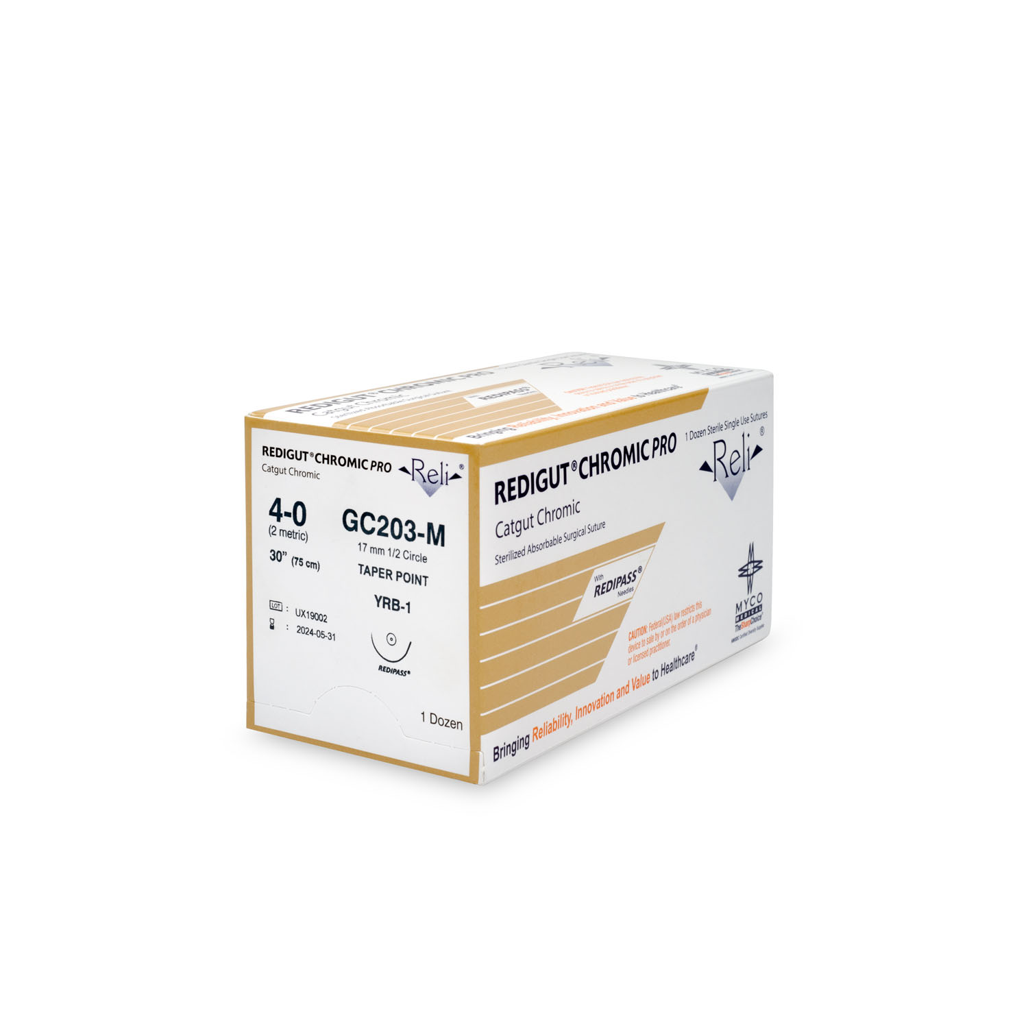MYCO RELI® PRO SUTURE Suture, 4-0, Redigut, Chromic, Natural, 30", YRB-1, 12/bx (US Only) Myco Medical GC203-M