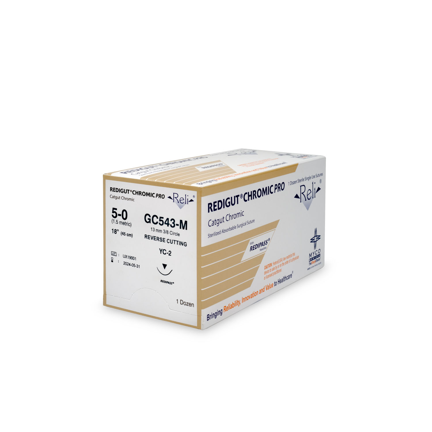 MYCO RELI® PRO SUTURE Suture, 5-0, Redigut, Chromic, Natural, 18", YC-2, 12/bx (US Only) Myco Medical GC543-M