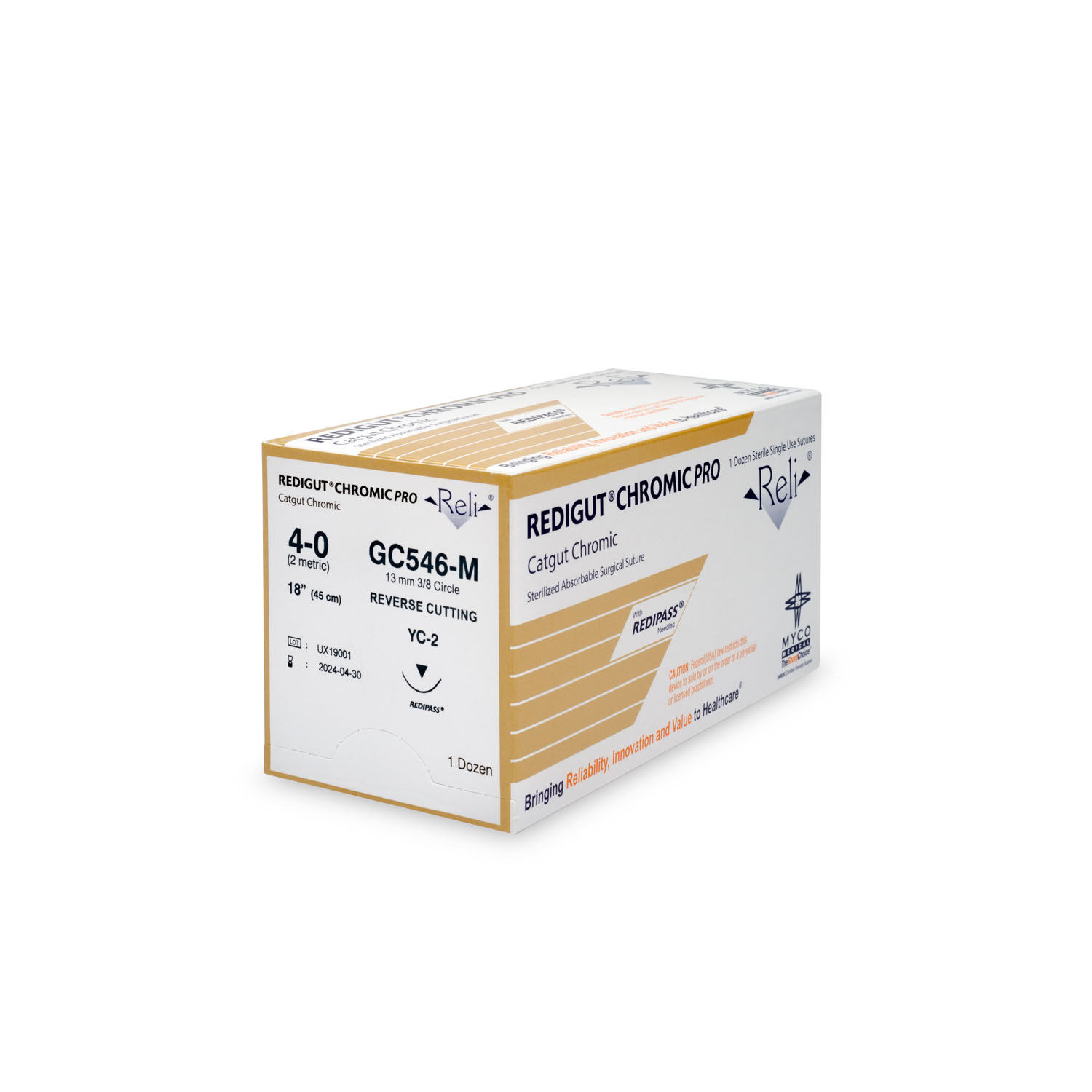 MYCO RELI® PRO SUTURE Suture, 4-0, Redigut, Chromic, Natural, 18", YC-2, 12/bx (US Only) Myco Medical GC546-M