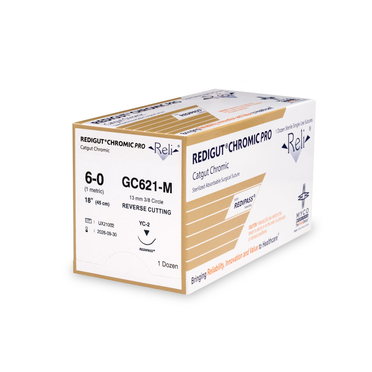 MYCO RELI® PRO SUTURE Suture, 6-0, Redigut, Chromic, Natural, 18", YC-2, 12/bx (US Only) Myco Medical GC621-M