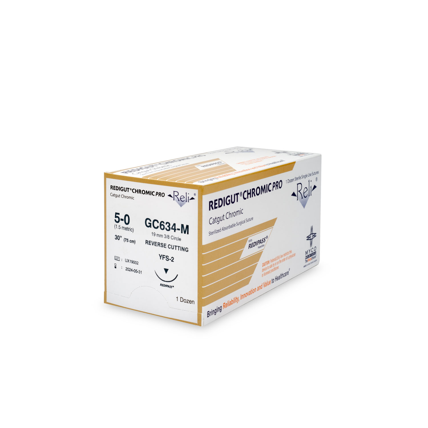 MYCO RELI® PRO SUTURE Suture, 5-0, Redigut, Chromic, Natural, 30", YFS-2, 12/bx (US Only) Myco Medical GC634-M