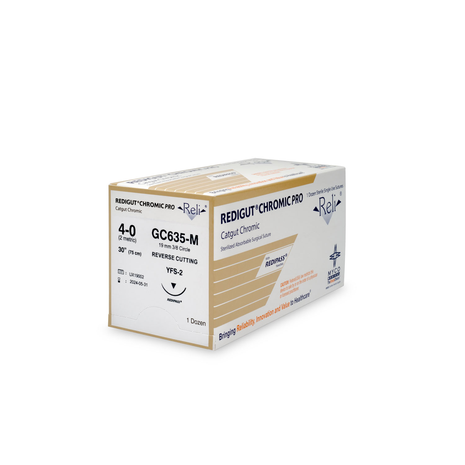 MYCO RELI® PRO SUTURE Suture, 4-0, Redigut, Chromic, Natural, 30", YFS-2, 12/bx (US Only) Myco Medical GC635-M
