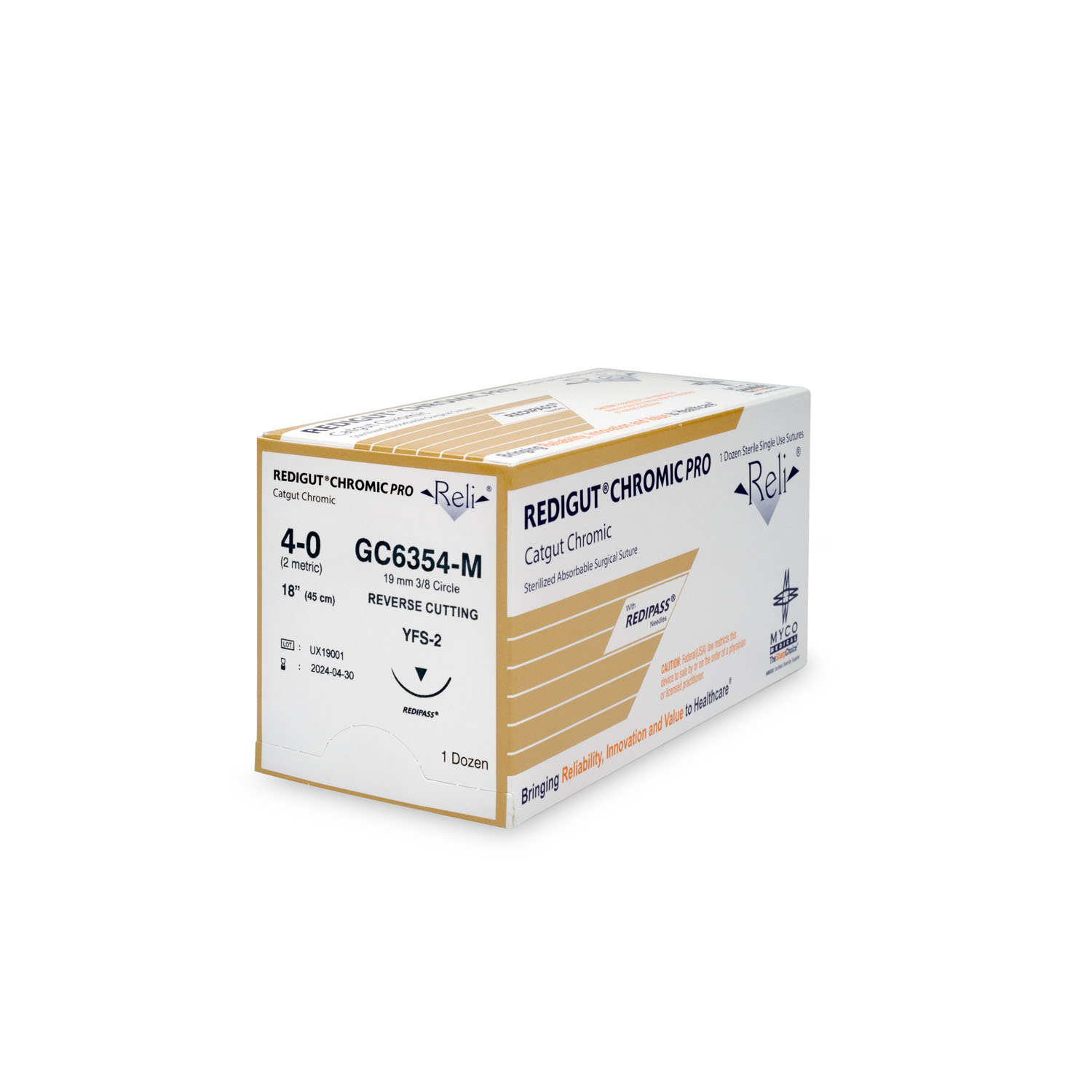 MYCO RELI® PRO SUTURE Suture, 4-0, Redigut, Chromic, Natural, 18", YFS-2, 12/bx (US Only) Myco Medical GC6354-M