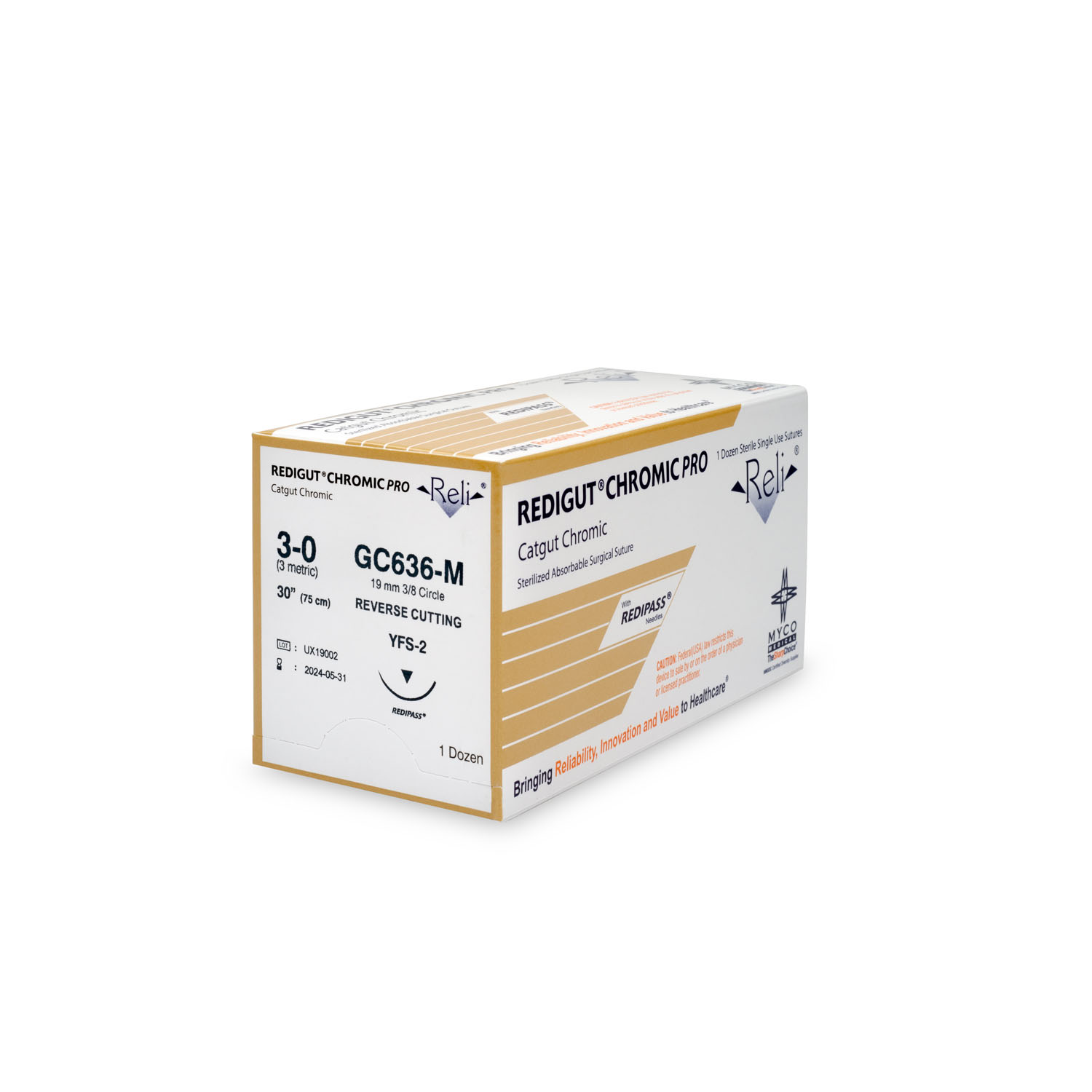 MYCO RELI® PRO SUTURE Suture, 3-0, Redigut, Chromic, Natural, 30", YFS-2, 12/bx (US Only) Myco Medical GC636-M