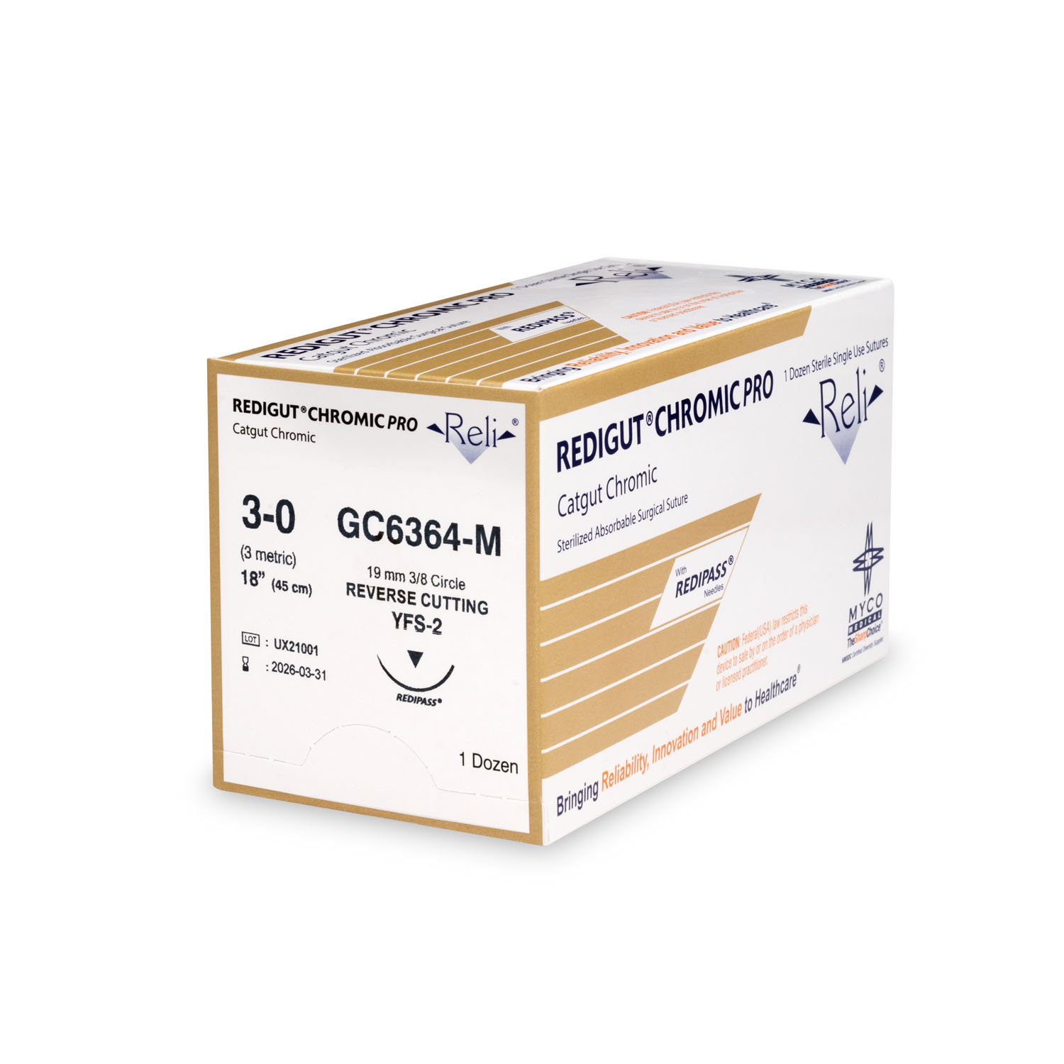 MYCO RELI® PRO SUTURE Suture, 3-0, Redigut, Chromic, Natural, 18", YFS-2, 12/bx (US Only) Myco Medical GC6364-M