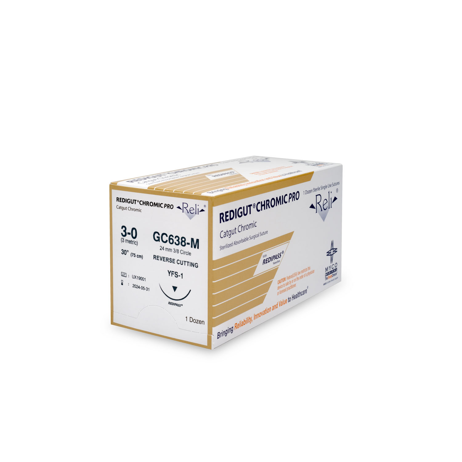 MYCO RELI® PRO SUTURE Suture, 3-0, Redigut, Chromic, Natural, 30", YFS-1, 12/bx (US Only) Myco Medical GC638-M