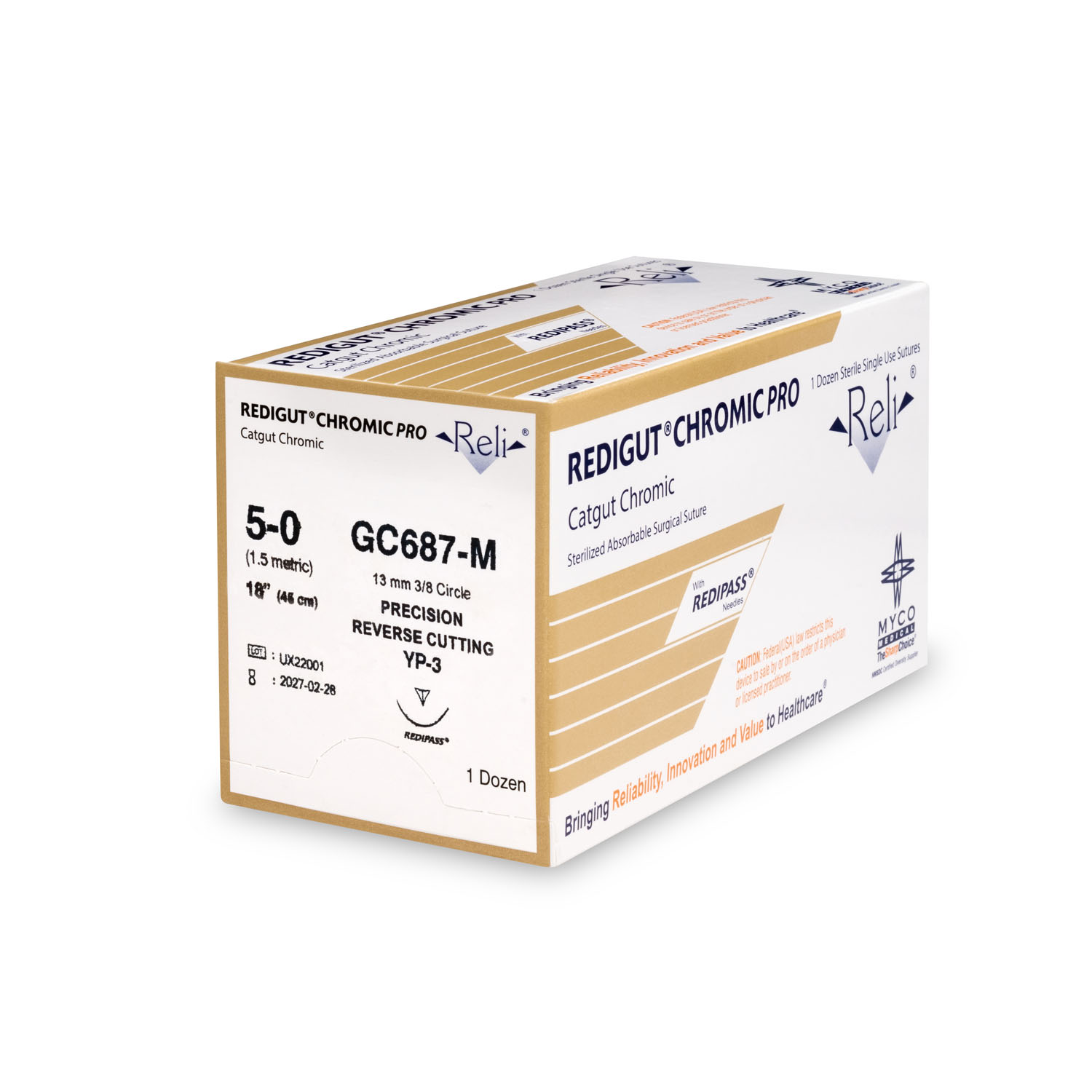 MYCO RELI® PRO SUTURE Suture, 5-0, Redigut, Chromic, Natural, 18", YP-3, 12/bx (US Only) Myco Medical GC687-M
