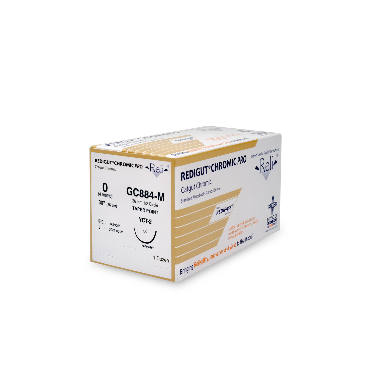 MYCO RELI® PRO SUTURE Suture, 0, Redigut, Chromic, Natural, 30", YCT-2, 12/bx (US Only) Myco Medical GC884-M